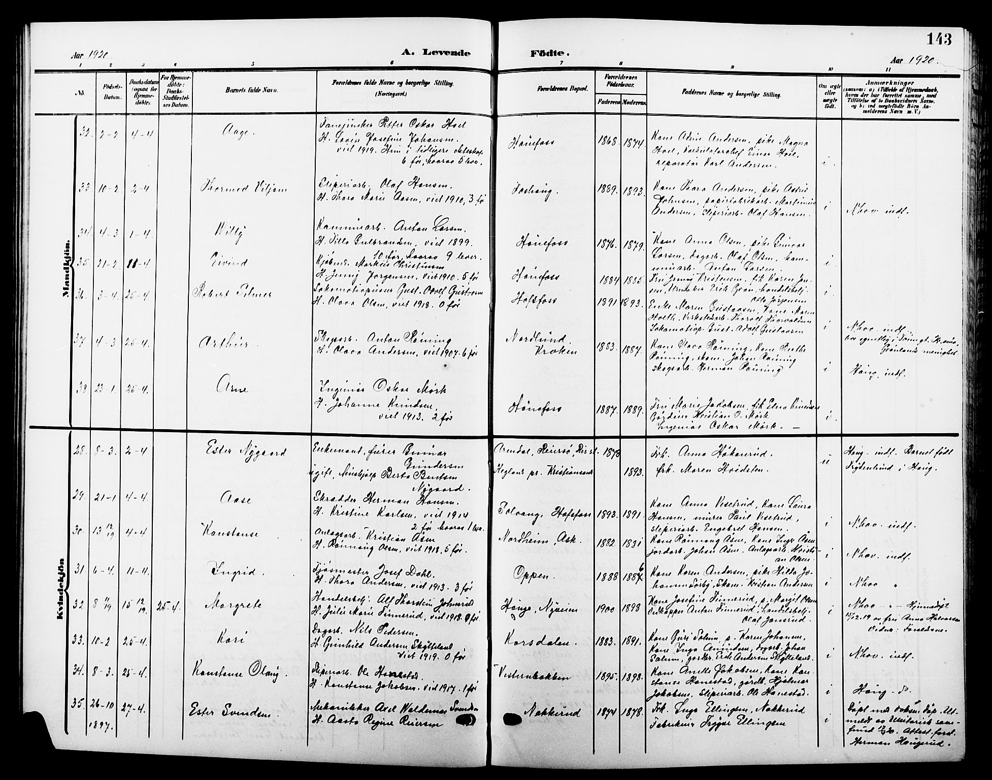 Hønefoss kirkebøker, AV/SAKO-A-609/G/Ga/L0003: Klokkerbok nr. 3, 1905-1925, s. 143