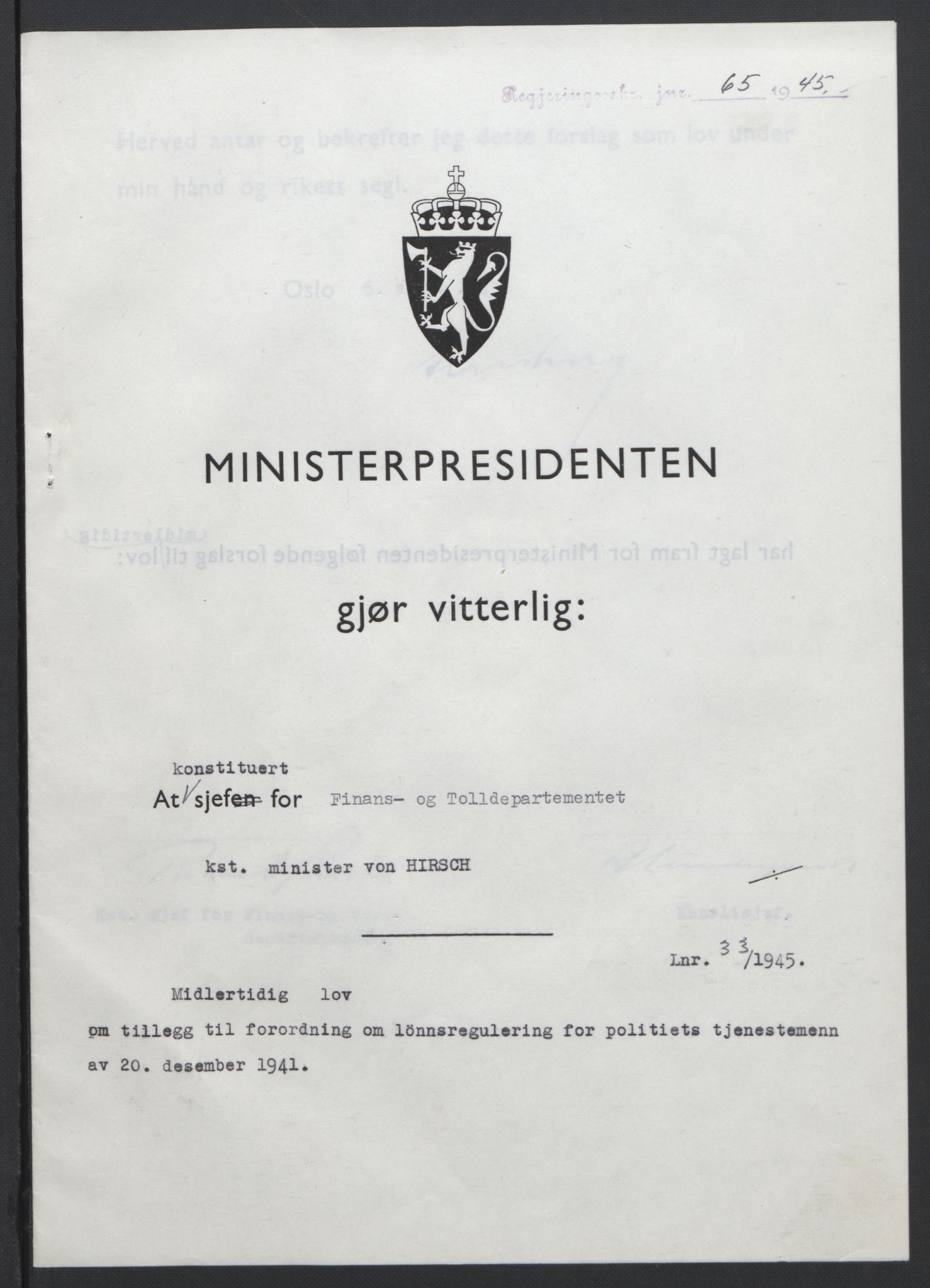 NS-administrasjonen 1940-1945 (Statsrådsekretariatet, de kommisariske statsråder mm), RA/S-4279/D/Db/L0101/0001: -- / Lover og vedtak, 1945, s. 137
