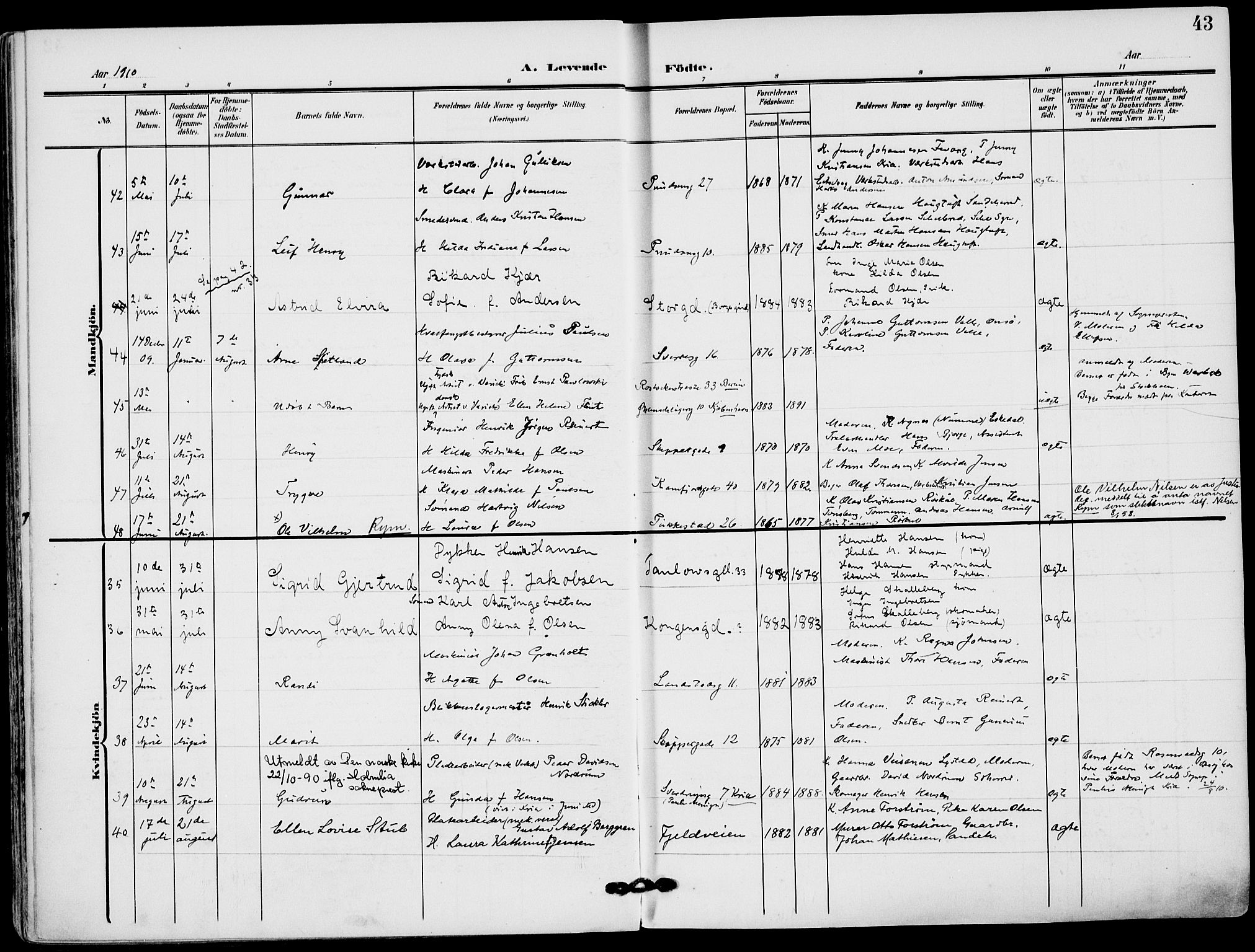 Sandefjord kirkebøker, AV/SAKO-A-315/F/Fa/L0005: Ministerialbok nr. 5, 1906-1915, s. 43