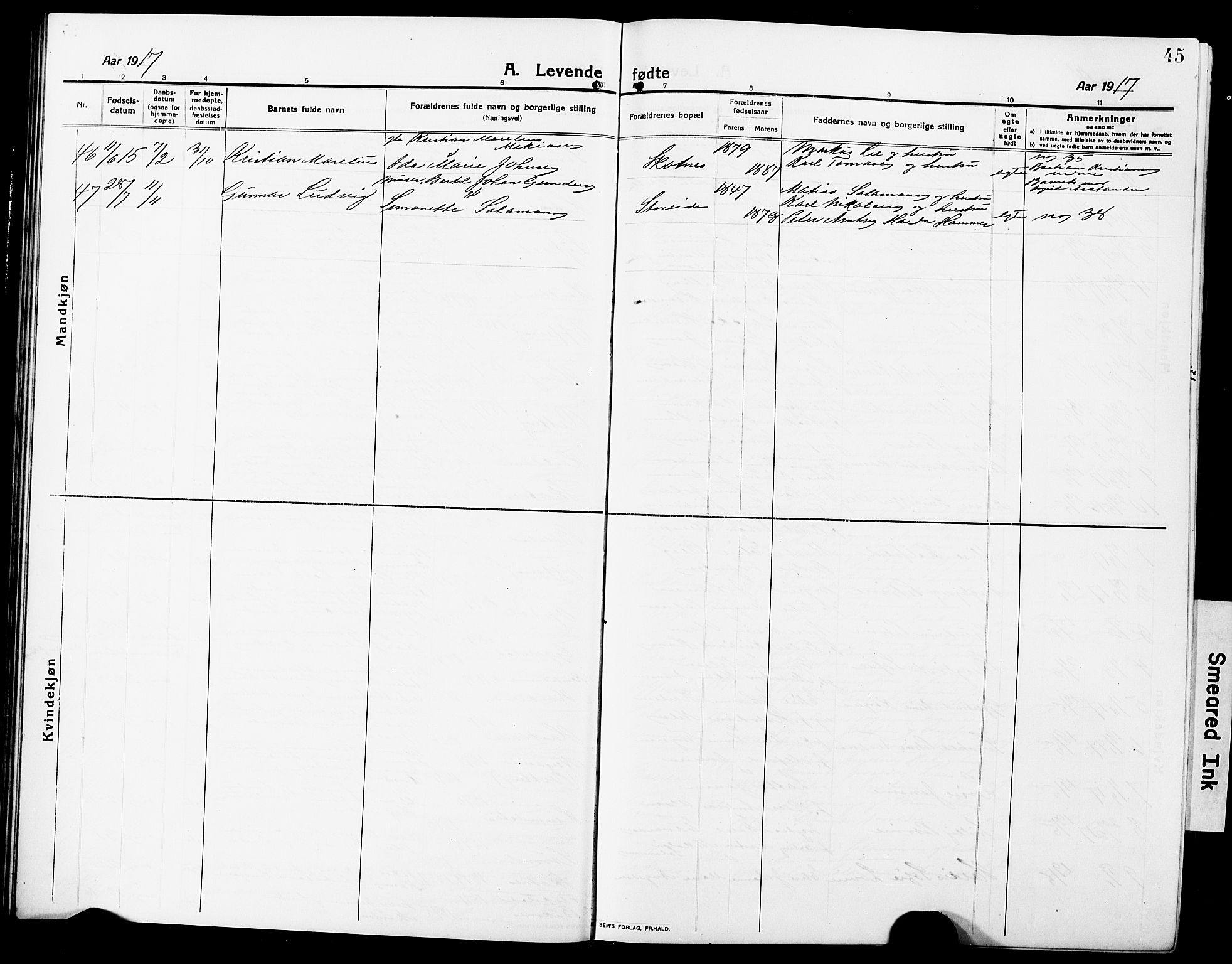 Ministerialprotokoller, klokkerbøker og fødselsregistre - Nordland, AV/SAT-A-1459/881/L1169: Klokkerbok nr. 881C06, 1912-1930, s. 45