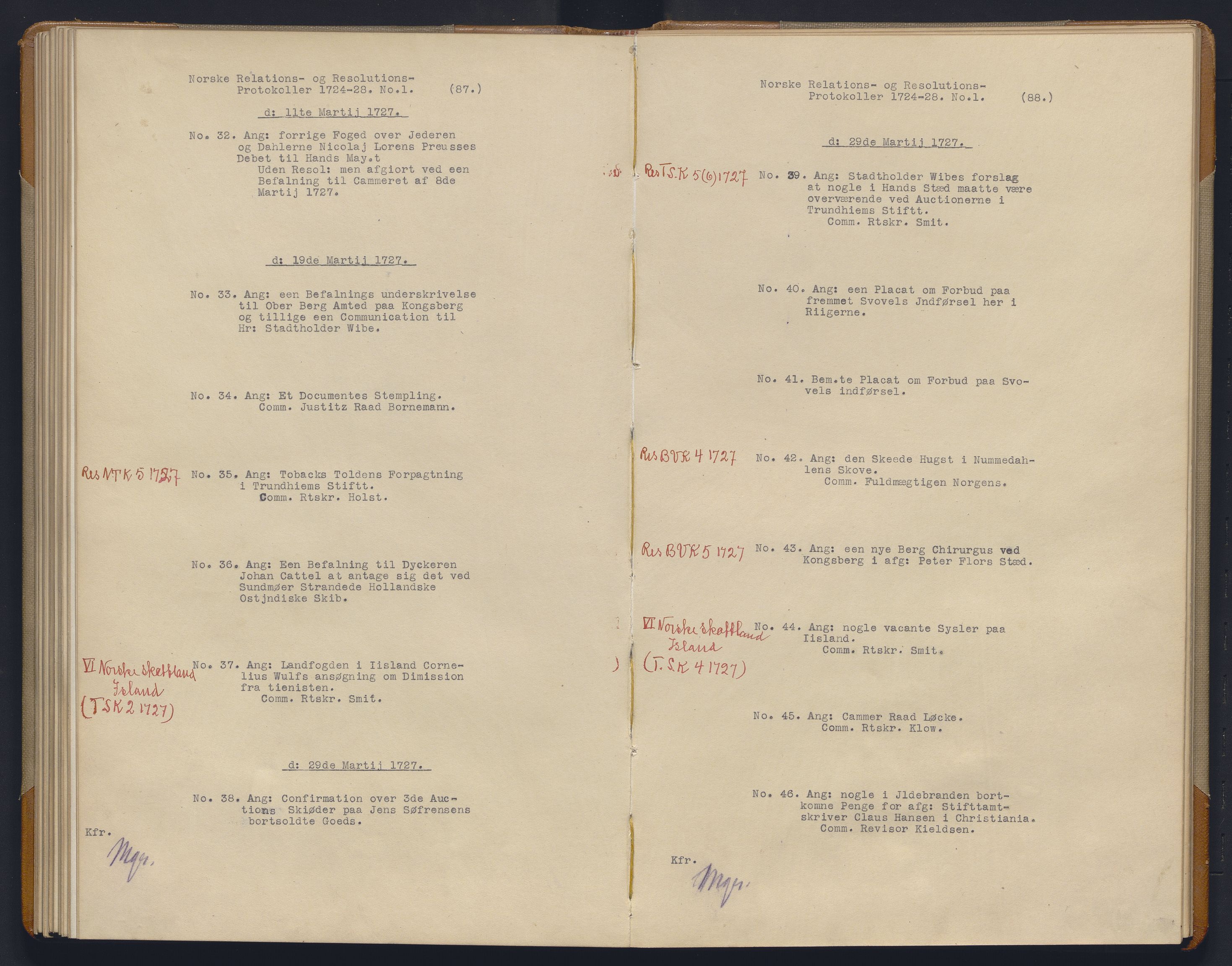 Avskriftsamlingen, AV/RA-EA-4022/F/Fb/L0115: Registratur over norske Relasjons- og resolusjonsprotkoller, 1724-1728, s. 64