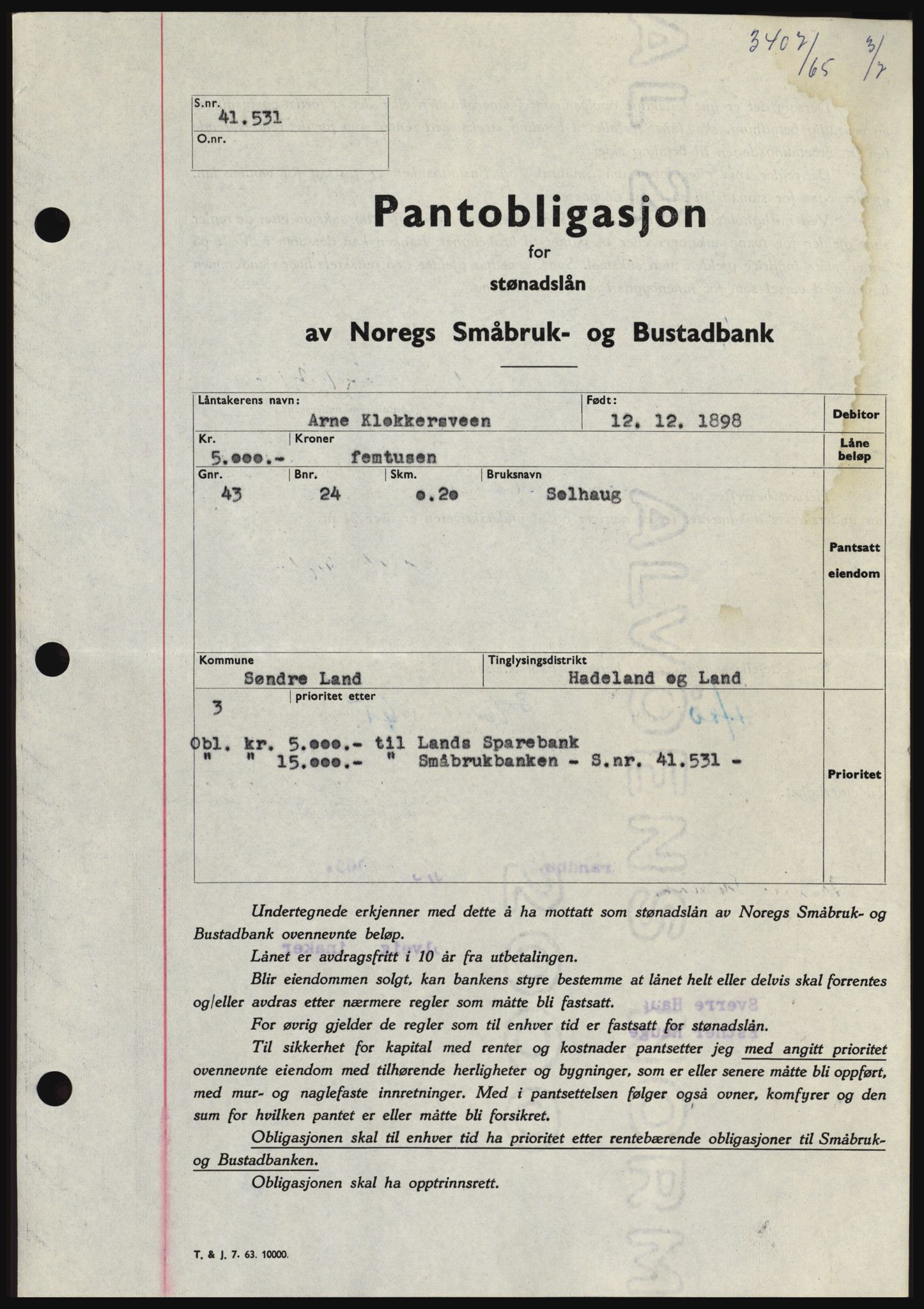 Hadeland og Land tingrett, SAH/TING-010/H/Hb/Hbc/L0059: Pantebok nr. B59, 1965-1965, Dagboknr: 3407/1965