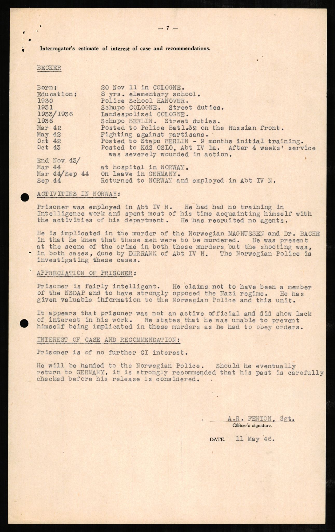 Forsvaret, Forsvarets overkommando II, RA/RAFA-3915/D/Db/L0002: CI Questionaires. Tyske okkupasjonsstyrker i Norge. Tyskere., 1945-1946, s. 359