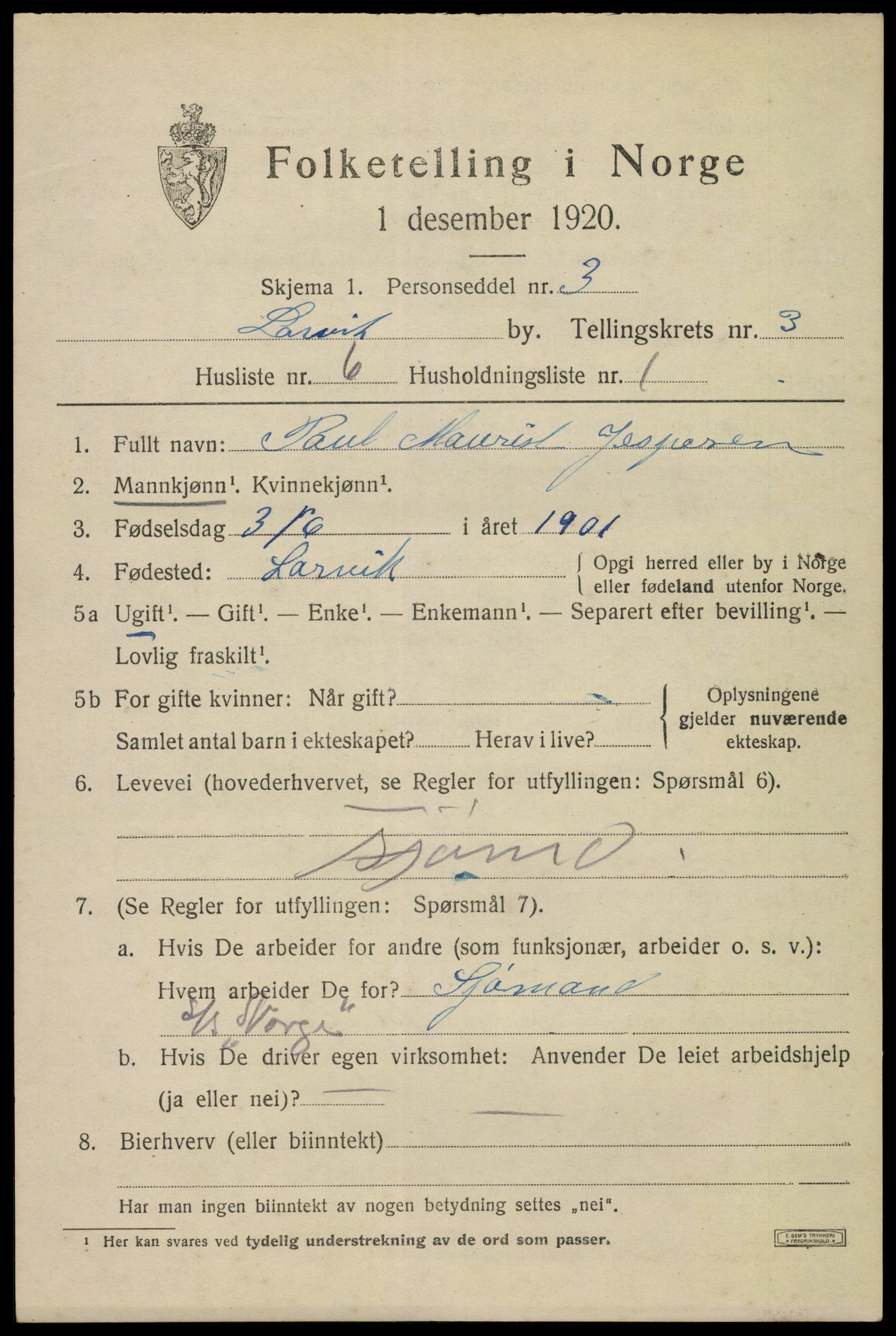 SAKO, Folketelling 1920 for 0707 Larvik kjøpstad, 1920, s. 12236