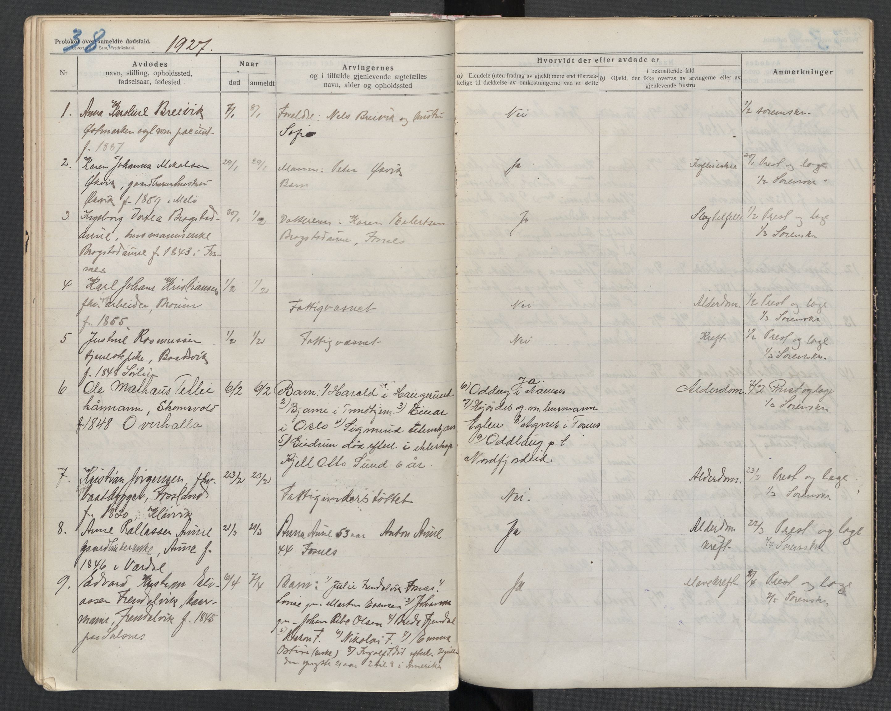 Fosnes lensmannskontor , SAT/A-1022/1/02/L0003: 2.01.03 Døsfallsjournal, 1916-1930, s. 38