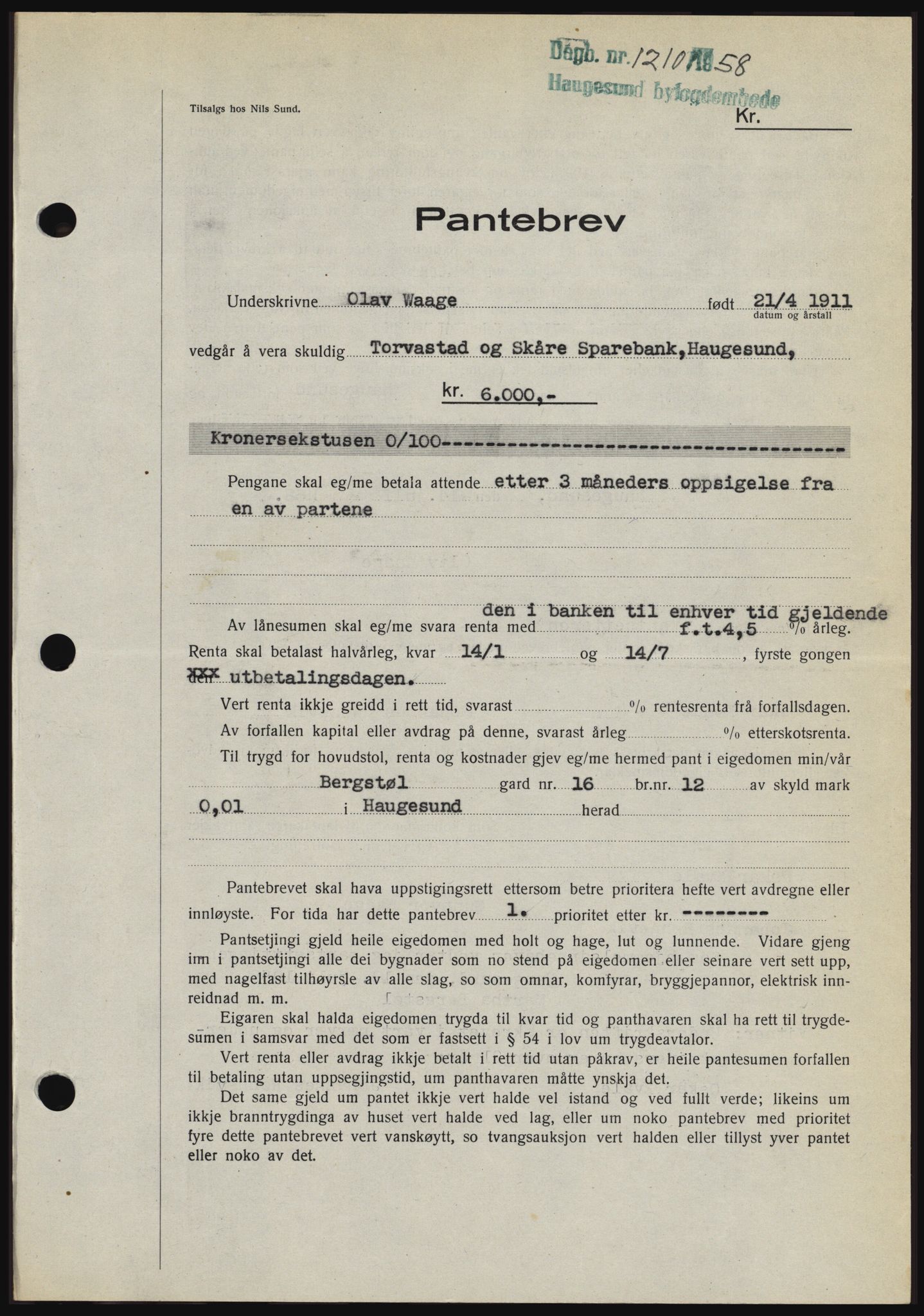 Haugesund tingrett, SAST/A-101415/01/II/IIC/L0044: Pantebok nr. B 44, 1958-1959, Dagboknr: 1210/1958