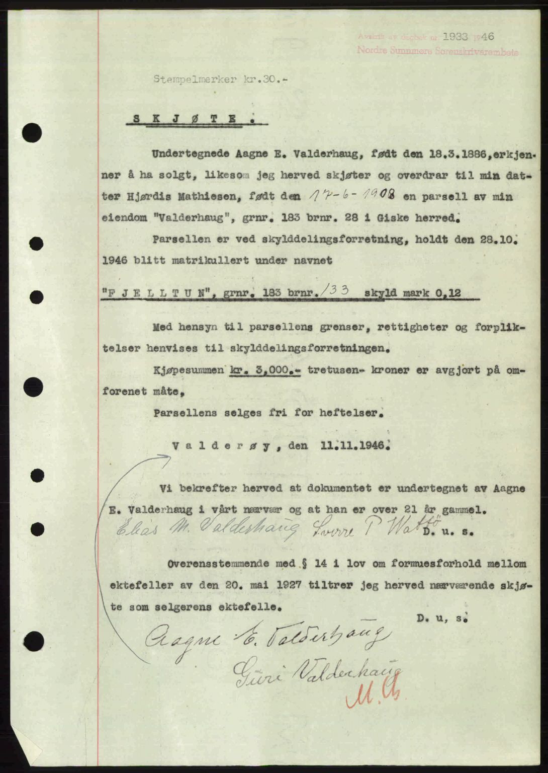 Nordre Sunnmøre sorenskriveri, AV/SAT-A-0006/1/2/2C/2Ca: Pantebok nr. A23, 1946-1947, Dagboknr: 1933/1946