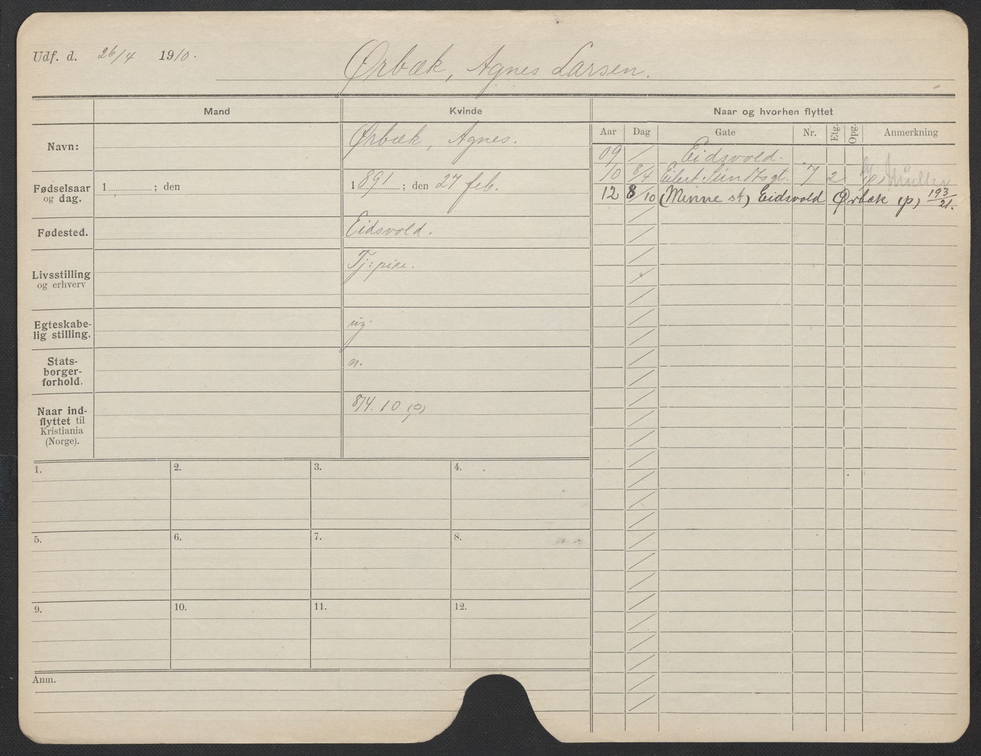 Oslo folkeregister, Registerkort, AV/SAO-A-11715/F/Fa/Fac/L0025: Kvinner, 1906-1914, s. 1051a