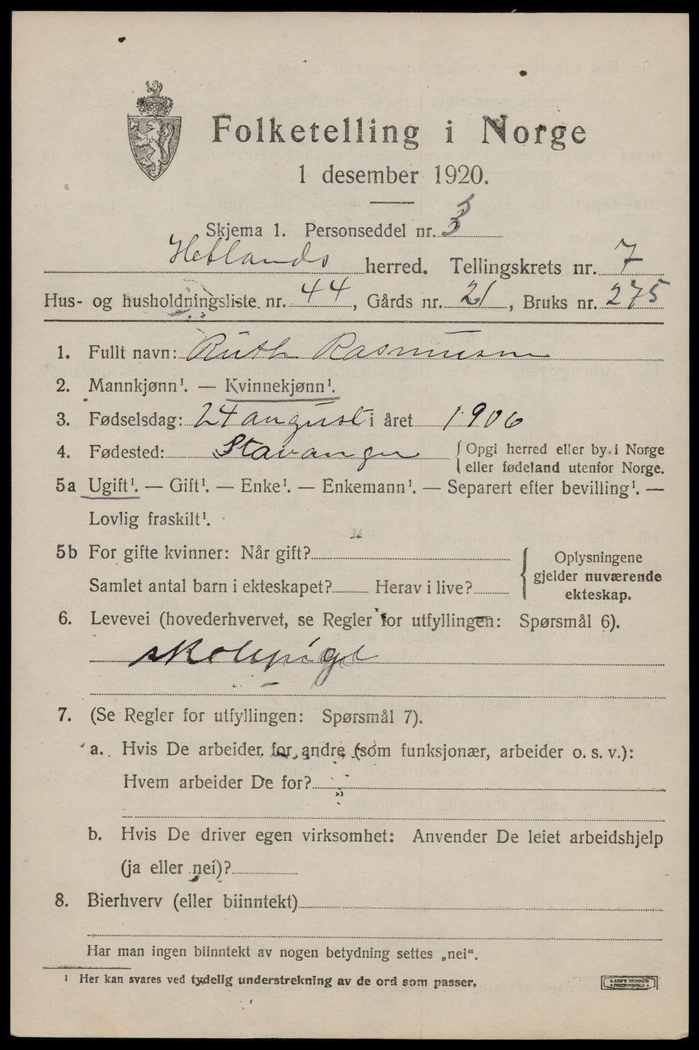 SAST, Folketelling 1920 for 1126 Hetland herred, 1920, s. 14459