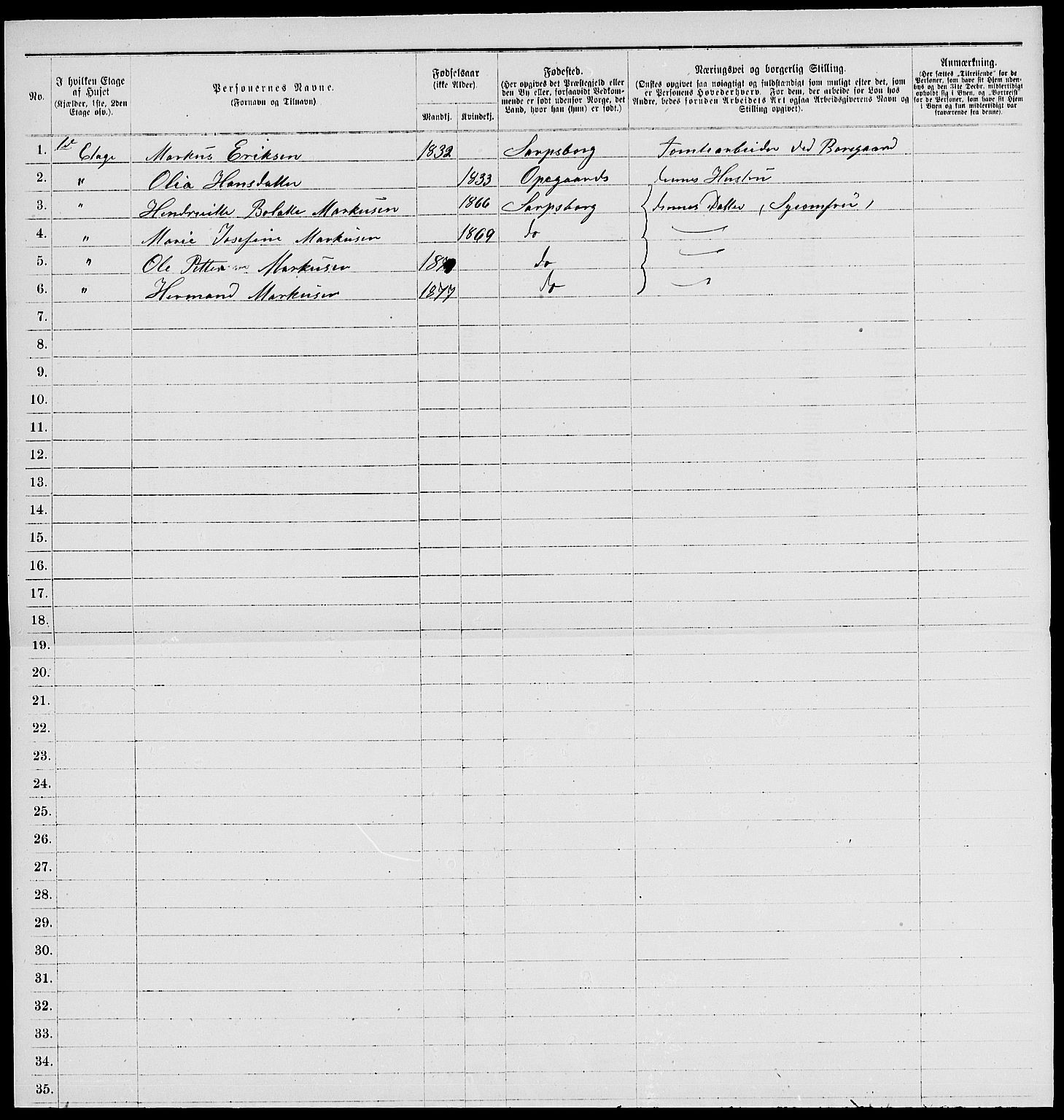 RA, Folketelling 1885 for 0102 Sarpsborg kjøpstad, 1885, s. 16