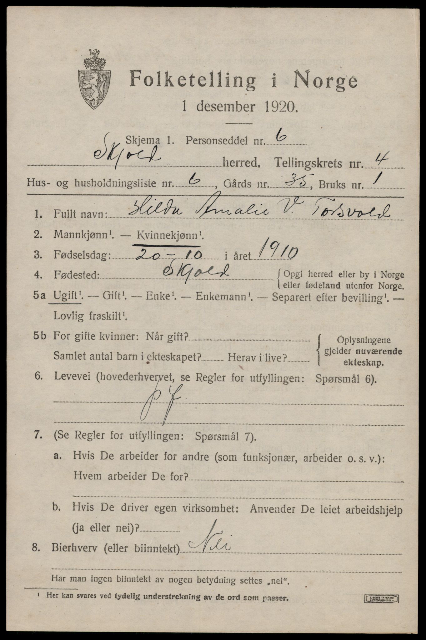 SAST, Folketelling 1920 for 1154 Skjold herred, 1920, s. 2394