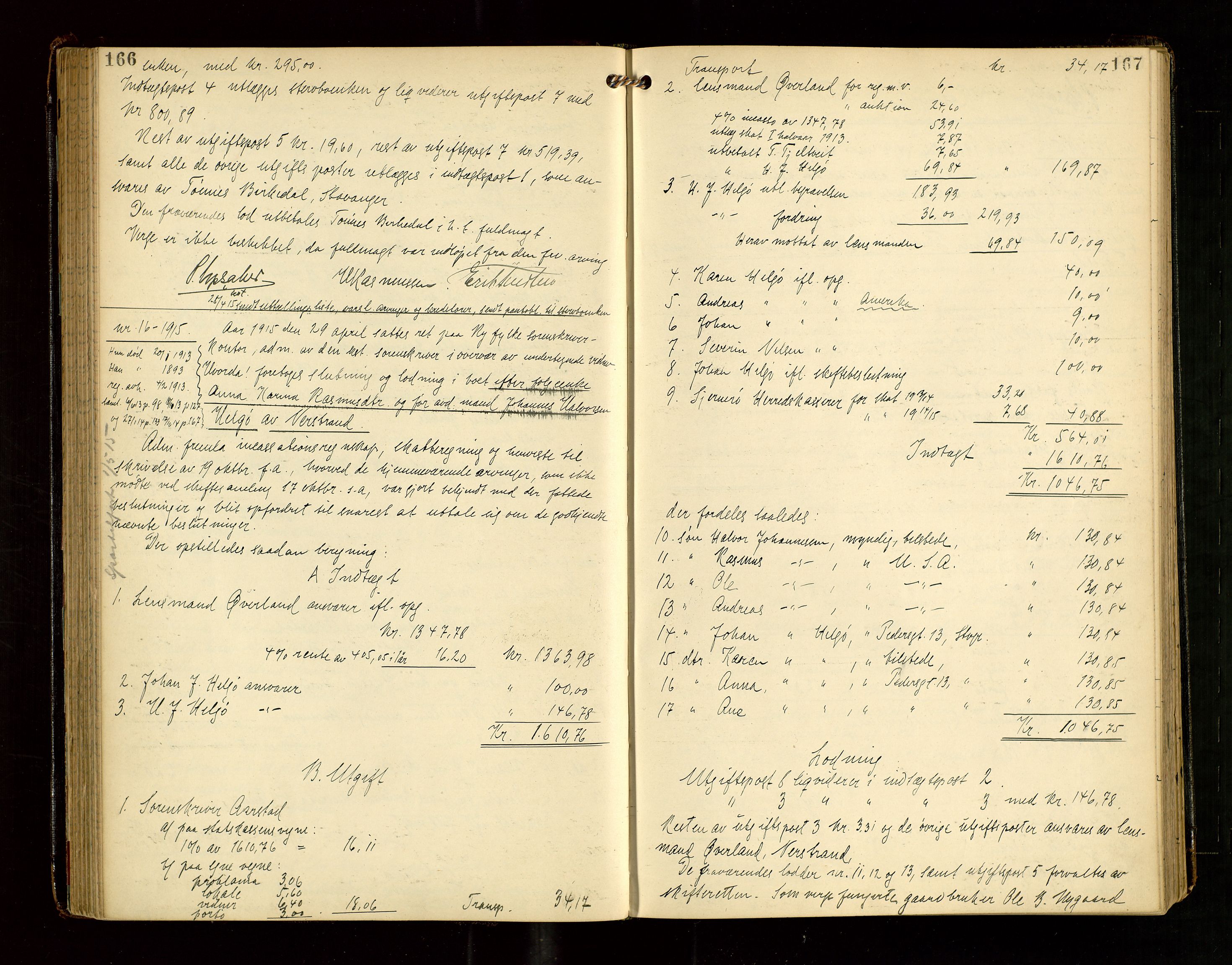 Ryfylke tingrett, AV/SAST-A-100055/001/IV/IVG/L0004: Skifteutlodningsprotokoll Med register, 1912-1918, s. 166-167