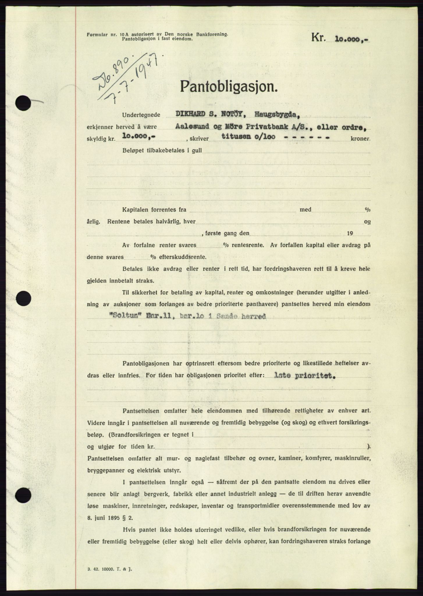 Søre Sunnmøre sorenskriveri, AV/SAT-A-4122/1/2/2C/L0115: Pantebok nr. 3B, 1947-1948, Dagboknr: 890/1947