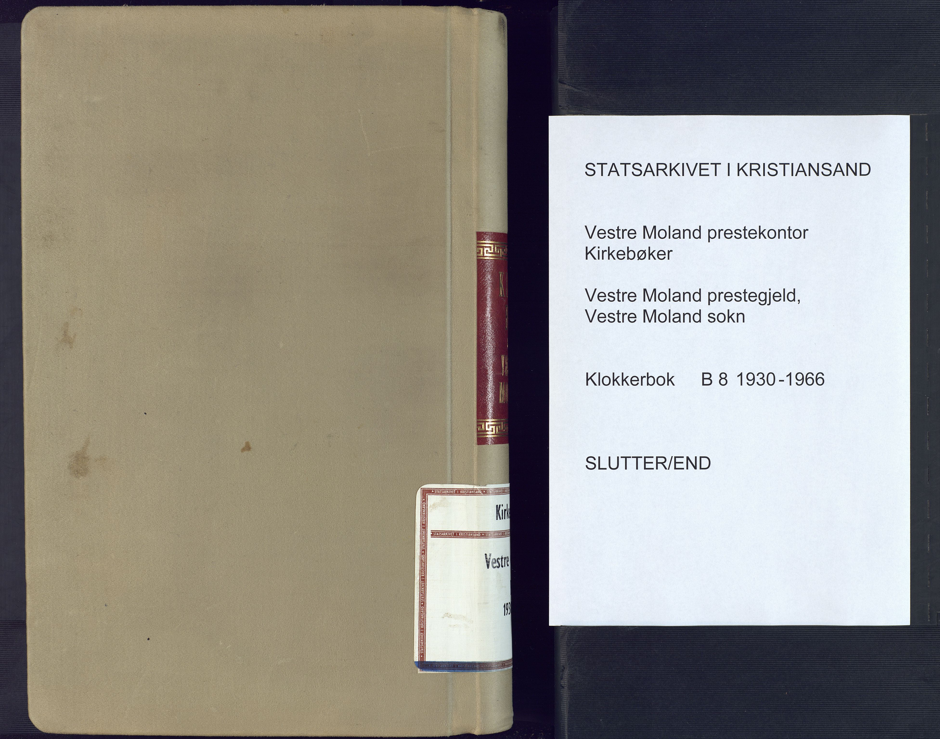 Vestre Moland sokneprestkontor, SAK/1111-0046/F/Fb/Fbb/L0008: Klokkerbok nr. B 8, 1930-1966