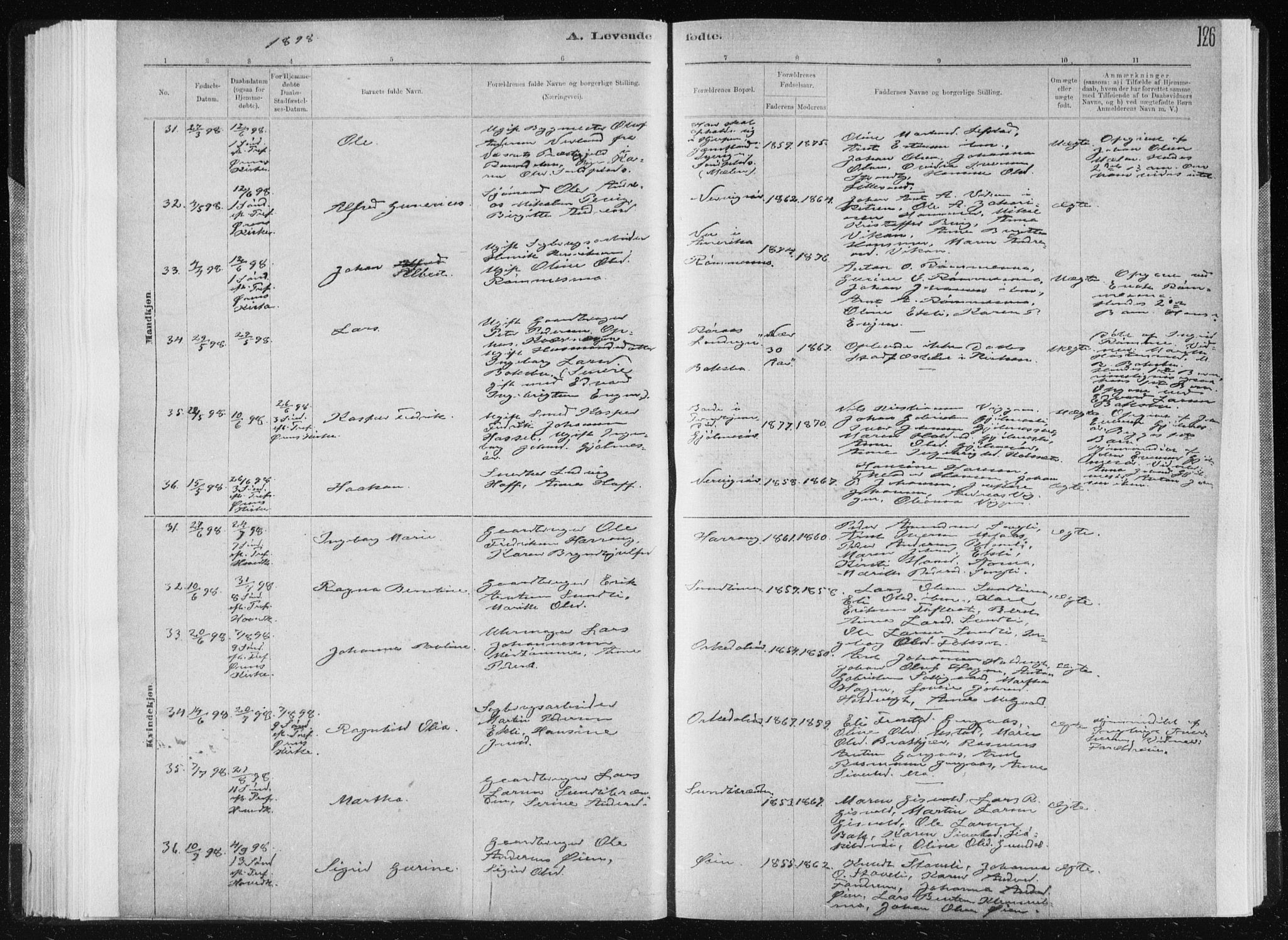 Ministerialprotokoller, klokkerbøker og fødselsregistre - Sør-Trøndelag, AV/SAT-A-1456/668/L0818: Klokkerbok nr. 668C07, 1885-1898, s. 126