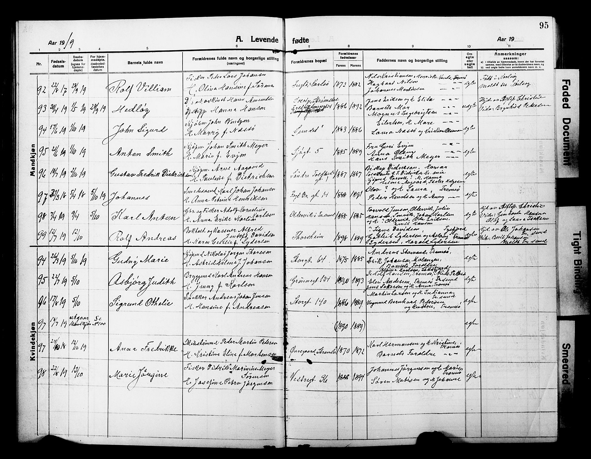 Tromsø sokneprestkontor/stiftsprosti/domprosti, AV/SATØ-S-1343/G/Gb/L0009klokker: Klokkerbok nr. 9, 1915-1925, s. 95