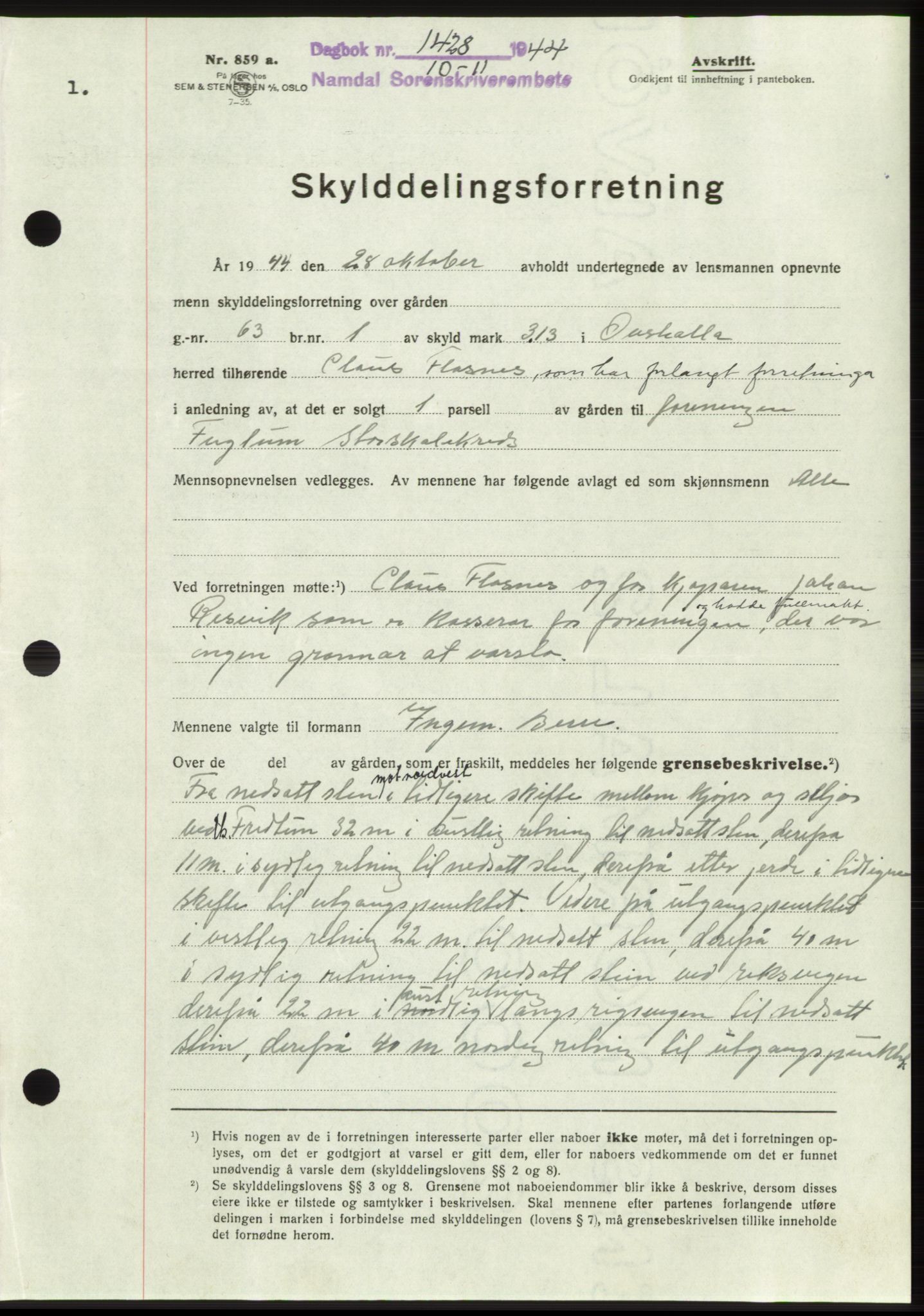 Namdal sorenskriveri, SAT/A-4133/1/2/2C: Pantebok nr. -, 1944-1945, Dagboknr: 1428/1944