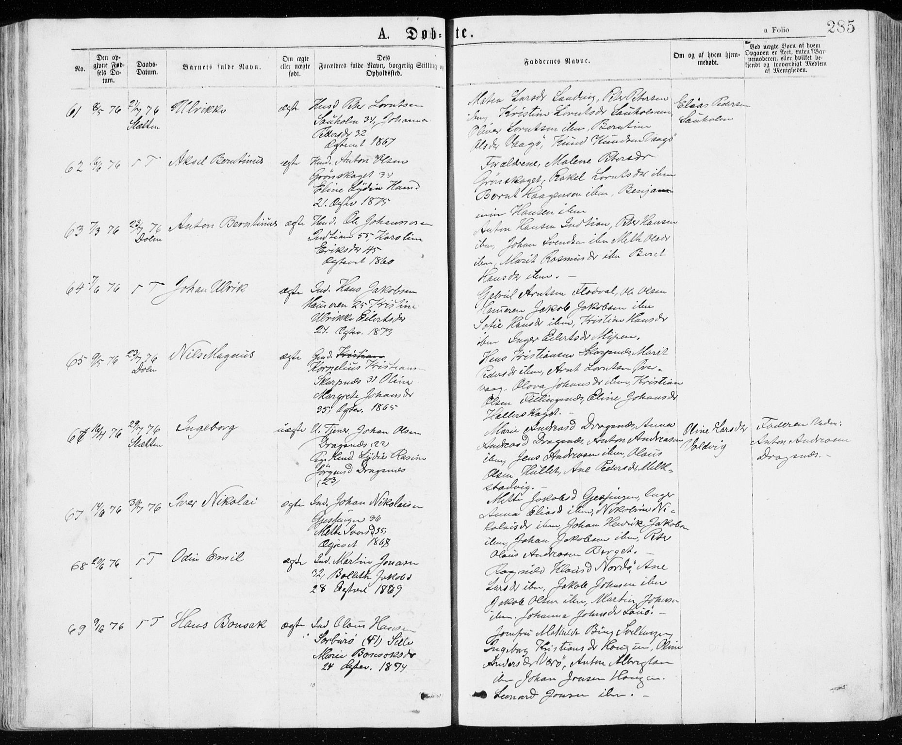 Ministerialprotokoller, klokkerbøker og fødselsregistre - Sør-Trøndelag, SAT/A-1456/640/L0576: Ministerialbok nr. 640A01, 1846-1876, s. 285