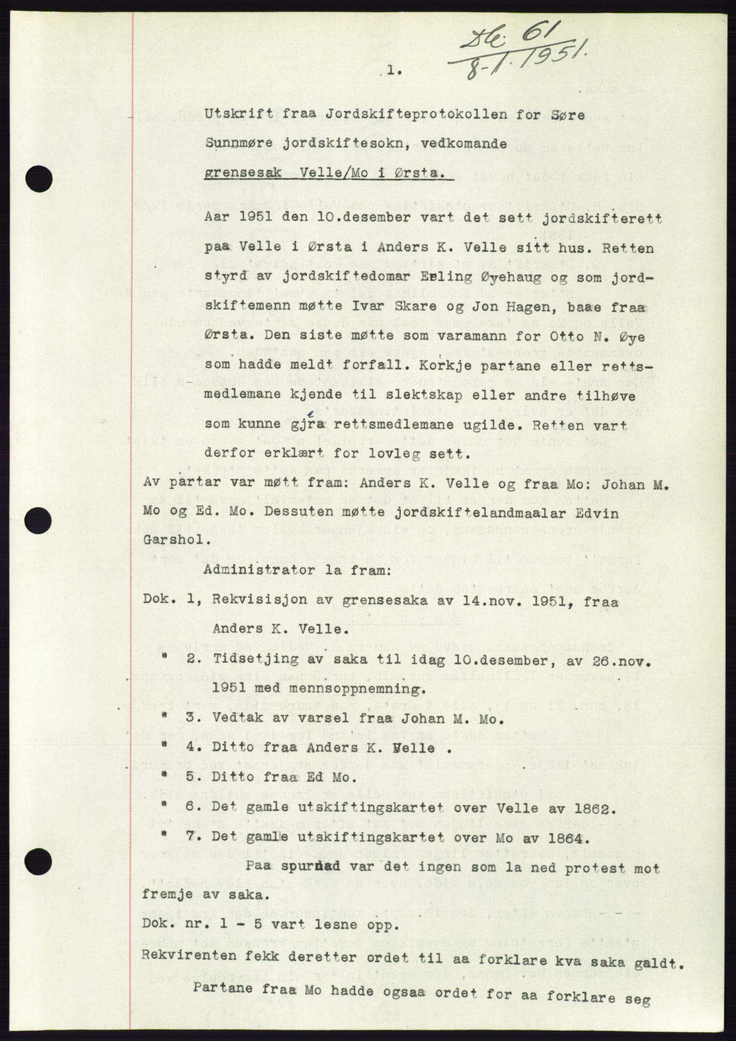 Søre Sunnmøre sorenskriveri, SAT/A-4122/1/2/2C/L0091: Pantebok nr. 17A, 1951-1952, Dagboknr: 61/1952