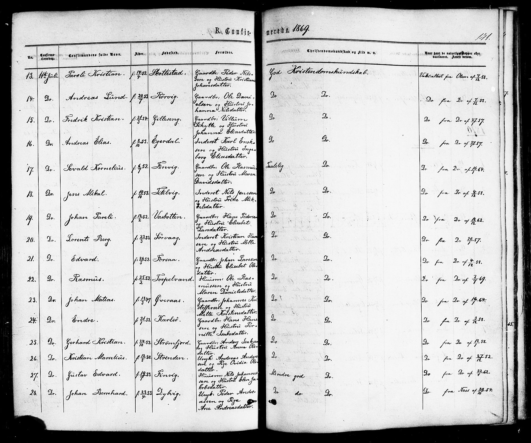 Ministerialprotokoller, klokkerbøker og fødselsregistre - Nordland, SAT/A-1459/859/L0845: Ministerialbok nr. 859A05, 1863-1877, s. 141