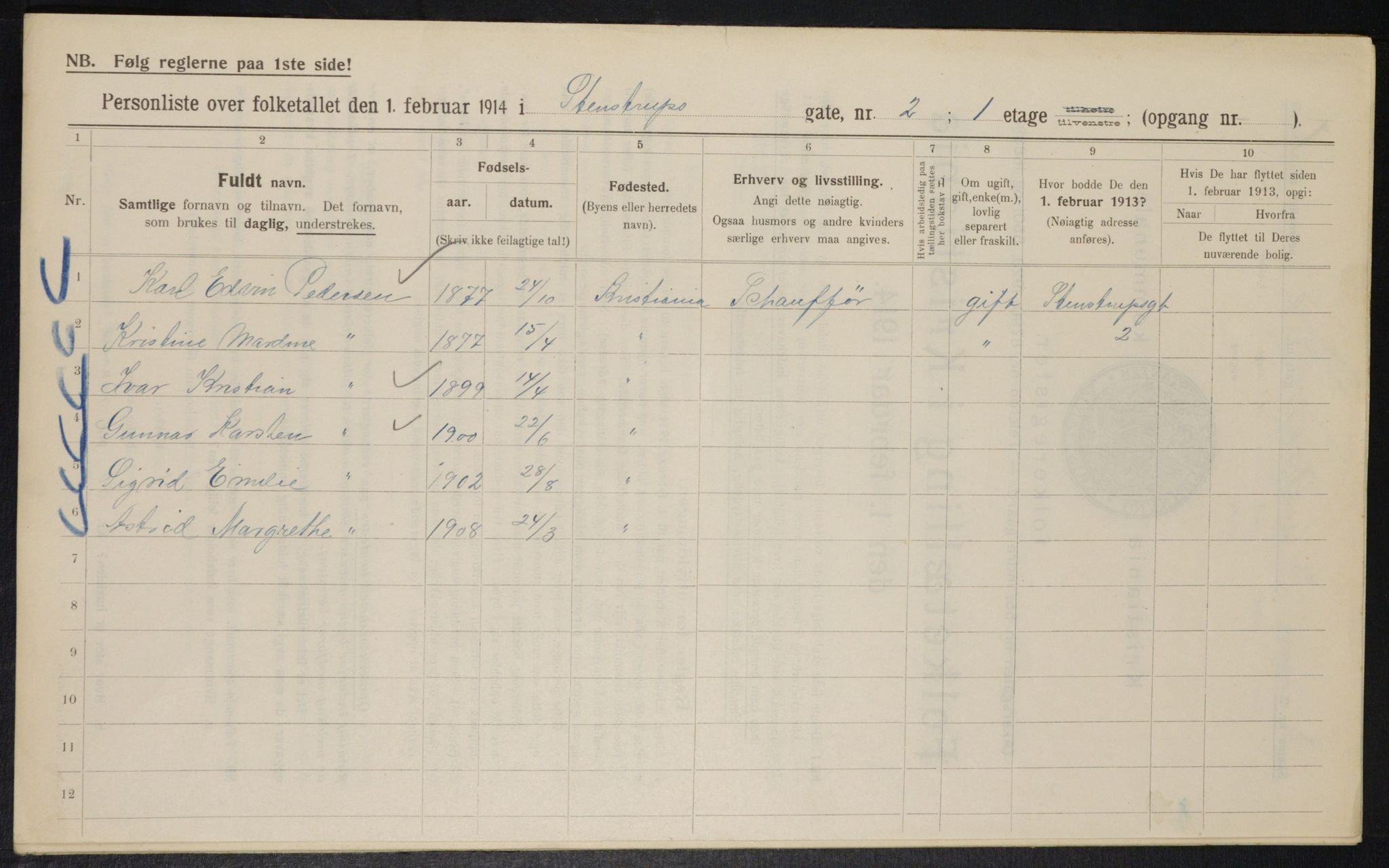 OBA, Kommunal folketelling 1.2.1914 for Kristiania, 1914, s. 100814