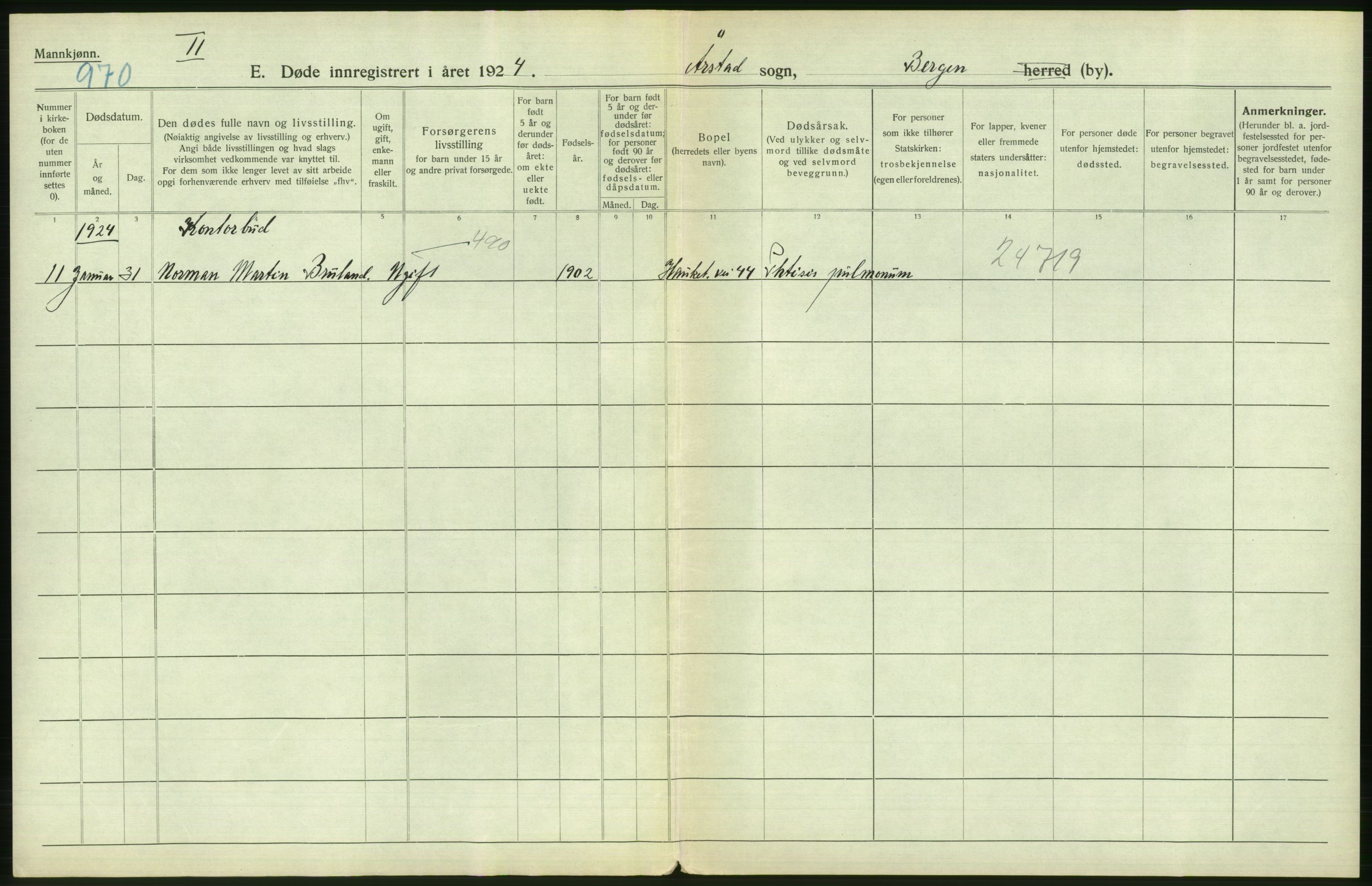 Statistisk sentralbyrå, Sosiodemografiske emner, Befolkning, AV/RA-S-2228/D/Df/Dfc/Dfcd/L0028: Bergen: Gifte, døde., 1924, s. 498