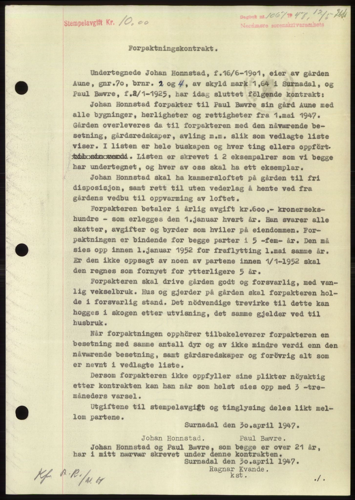 Nordmøre sorenskriveri, SAT/A-4132/1/2/2Ca: Pantebok nr. B96, 1947-1947, Dagboknr: 1067/1947