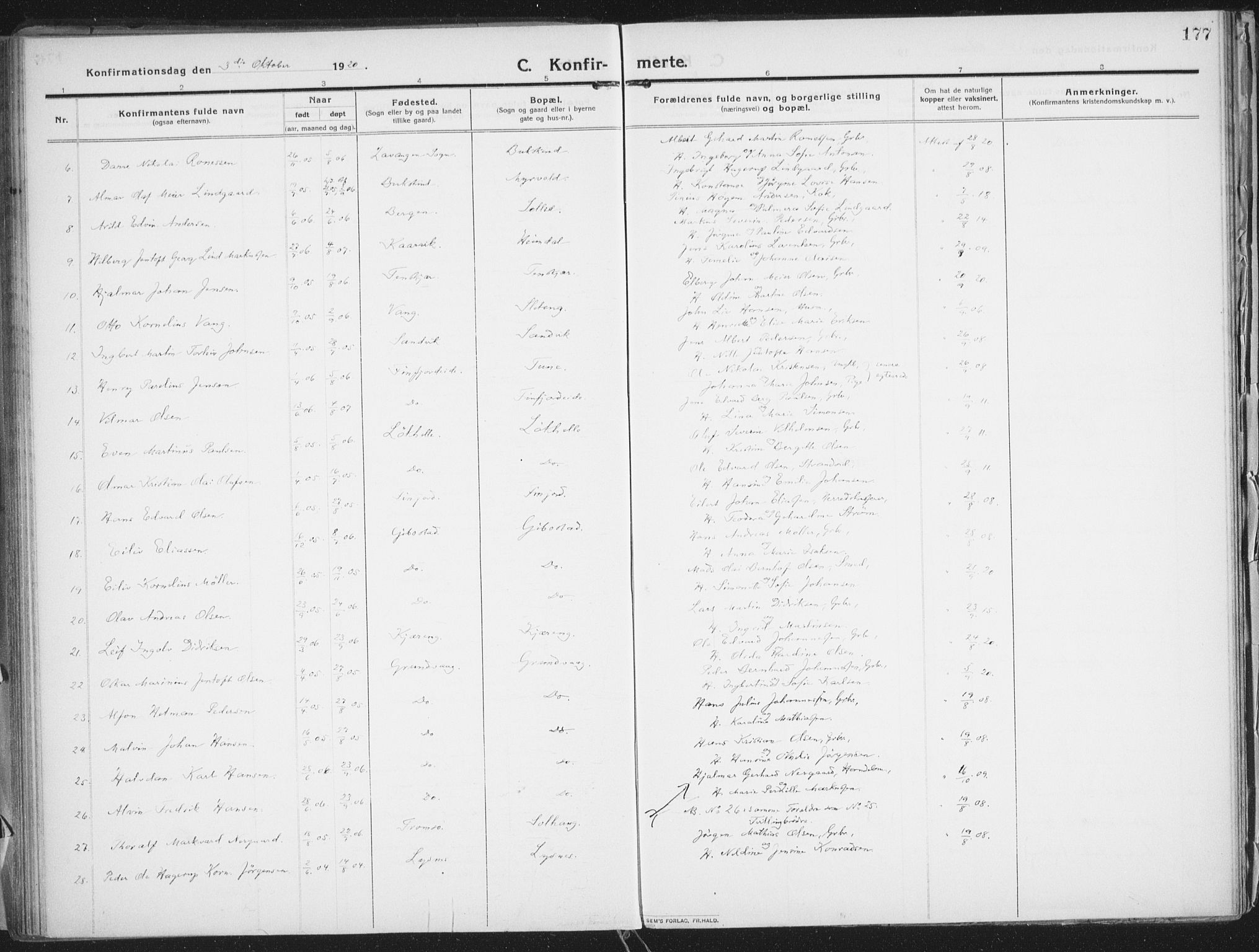 Lenvik sokneprestembete, SATØ/S-1310/H/Ha/Haa/L0016kirke: Ministerialbok nr. 16, 1910-1924, s. 177