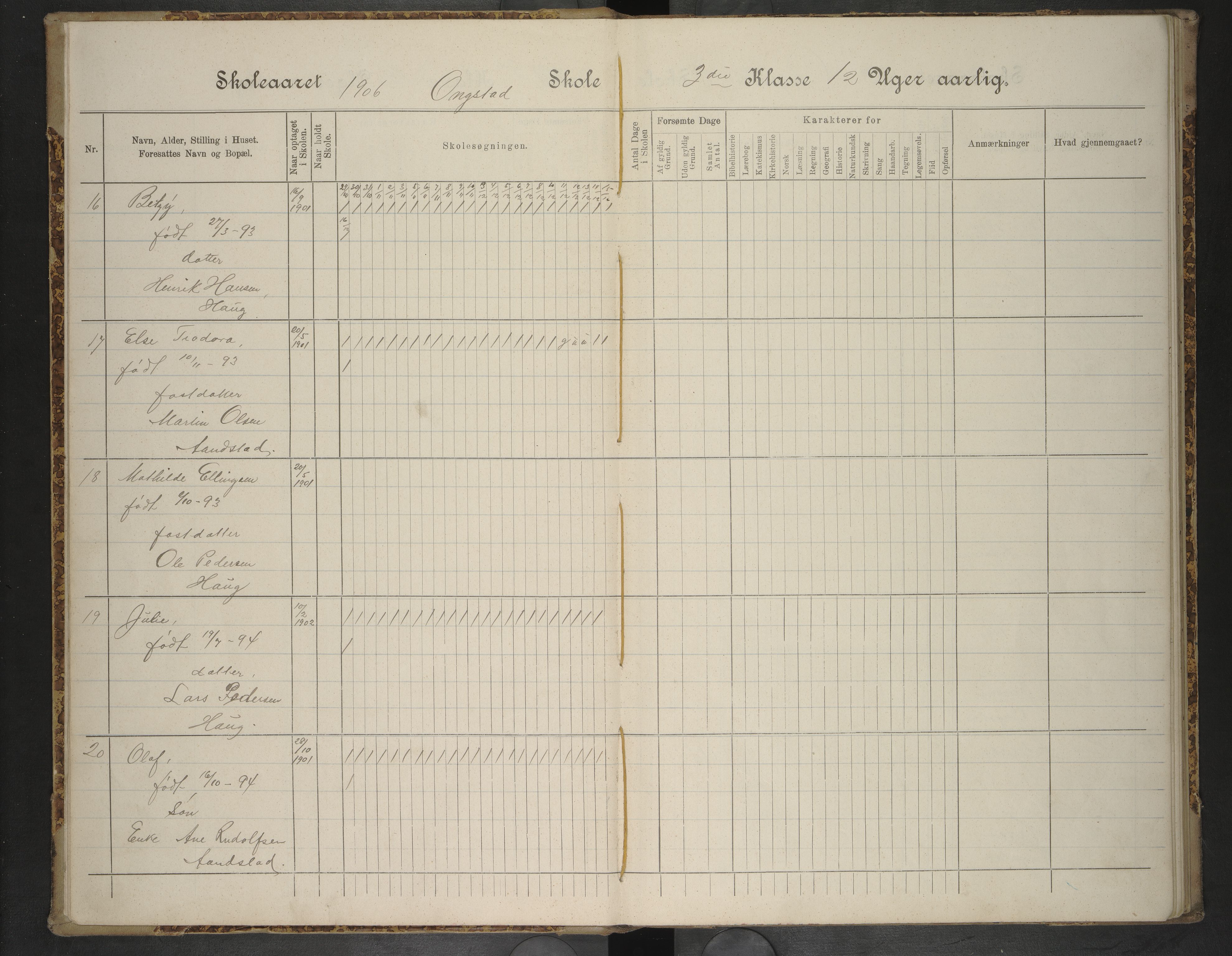 Hadsel kommune. Ongstad skolekrets, AIN/K-18660.510.26/F/Fa/L0003: Skoleprotokoll for Ongstad skole, 1906-1910