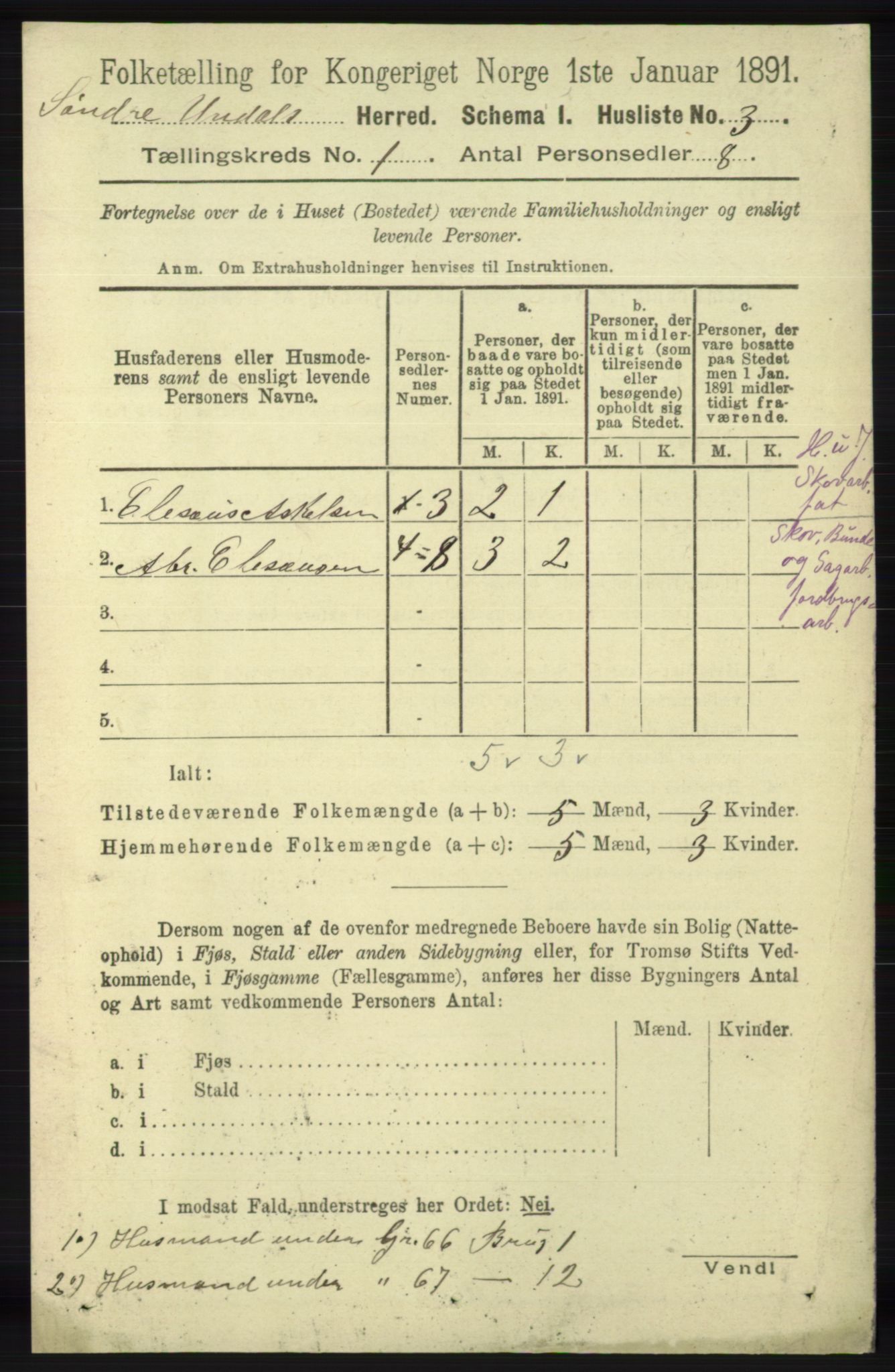 RA, Folketelling 1891 for 1029 Sør-Audnedal herred, 1891, s. 44