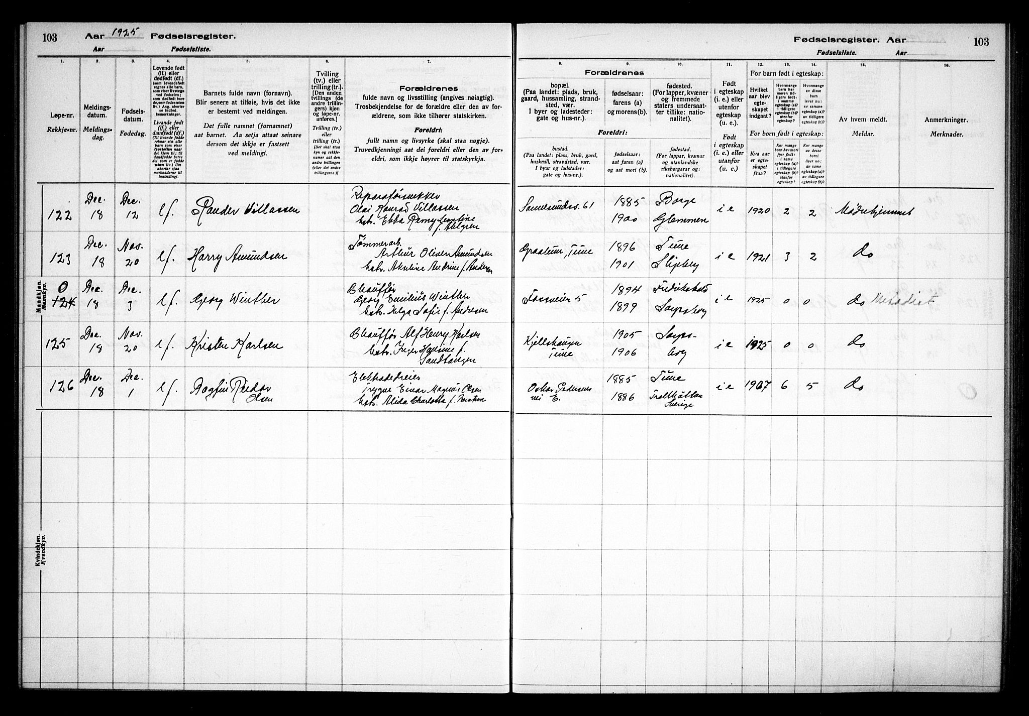 Sarpsborg prestekontor Kirkebøker, AV/SAO-A-2006/J/Ja/L0002: Fødselsregister nr. 2, 1922-1928, s. 103