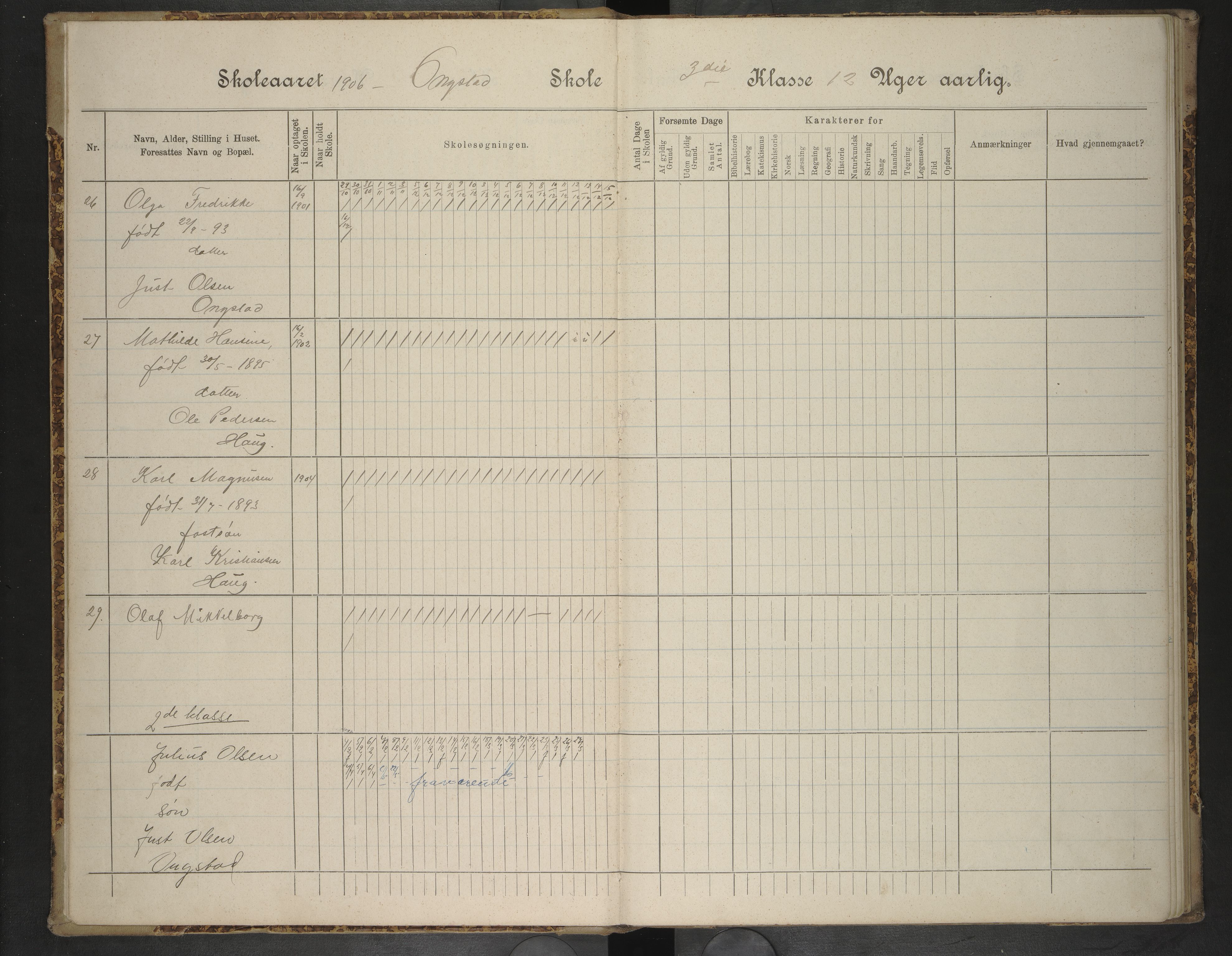 Hadsel kommune. Ongstad skolekrets, AIN/K-18660.510.26/F/Fa/L0003: Skoleprotokoll for Ongstad skole, 1906-1910