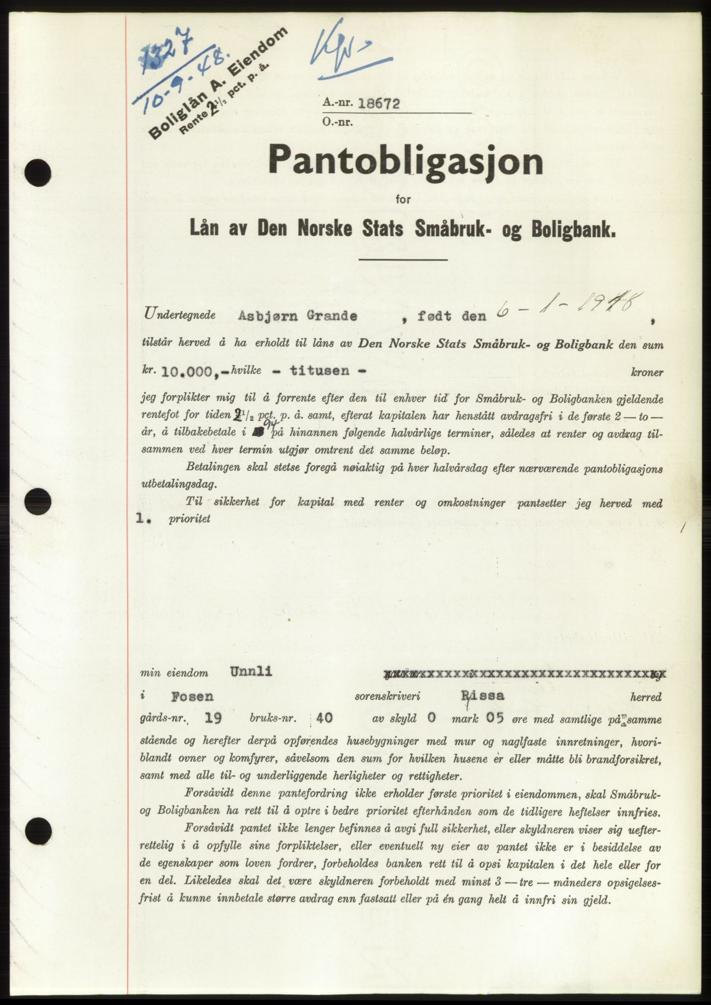 Fosen sorenskriveri, AV/SAT-A-1107/1/2/2C: Pantebok nr. B, 1948-1950, Dagboknr: 1327/1948