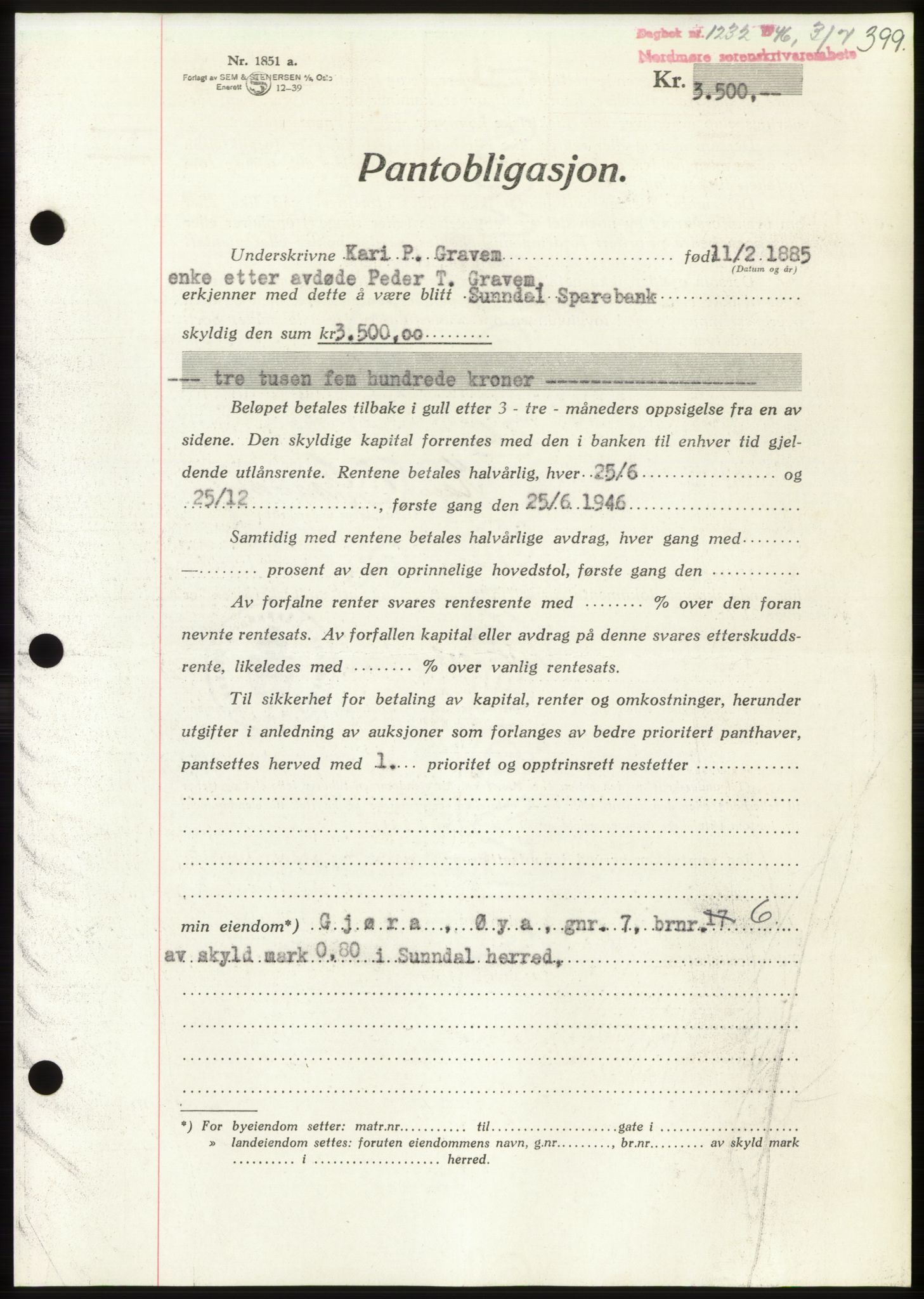 Nordmøre sorenskriveri, AV/SAT-A-4132/1/2/2Ca: Pantebok nr. B94, 1946-1946, Dagboknr: 1232/1946