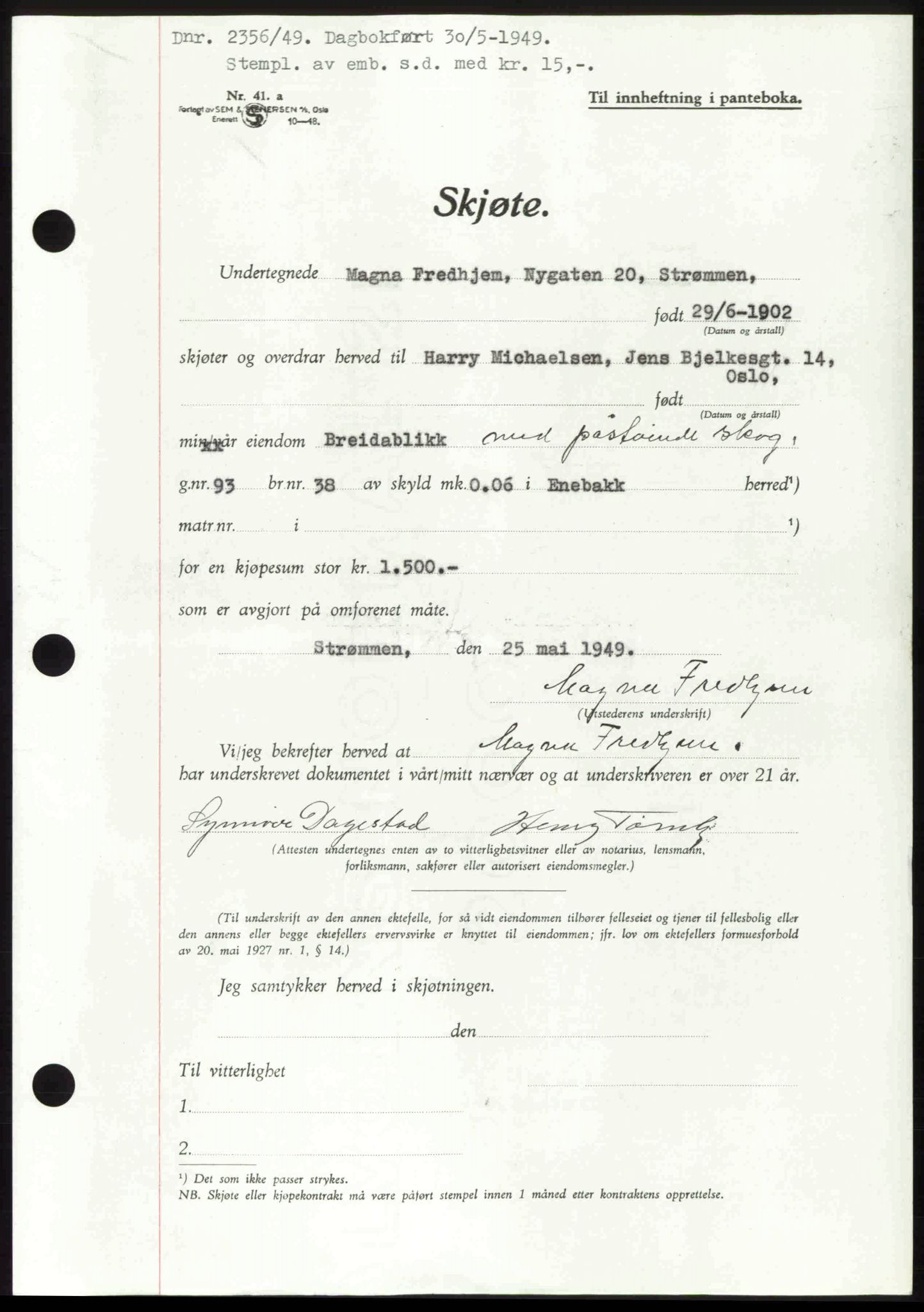 Nedre Romerike sorenskriveri, SAO/A-10469/G/Gb/Gbd/L0025: Pantebok nr. 25, 1949-1949, Dagboknr: 2356/1949