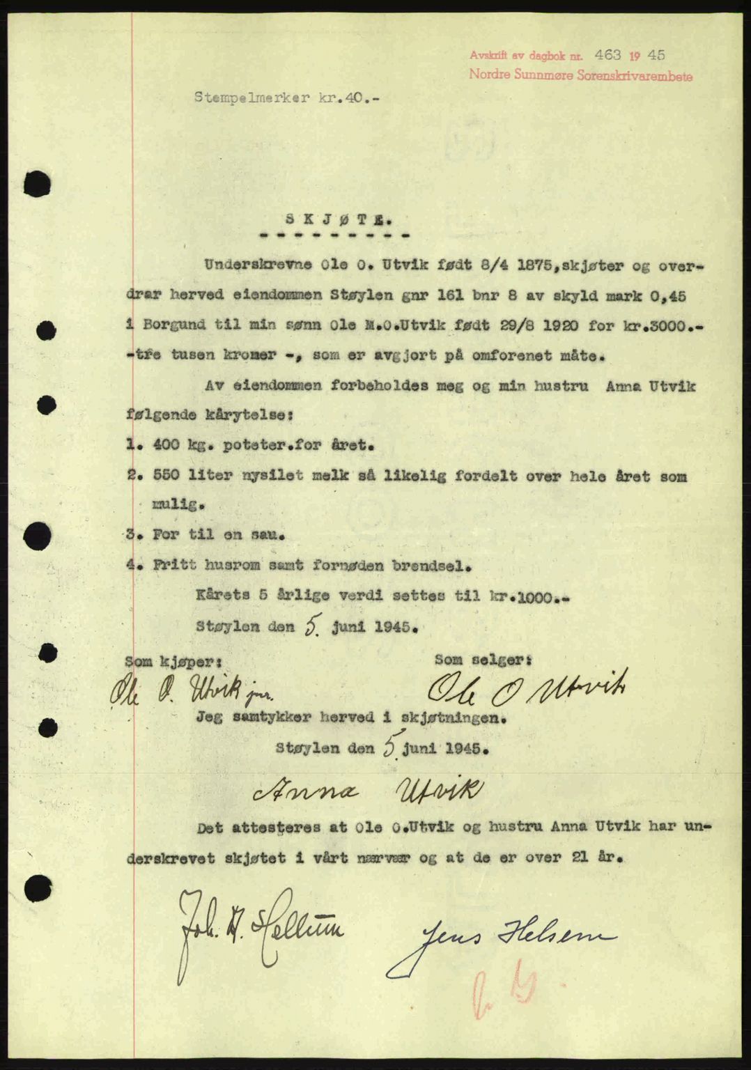 Nordre Sunnmøre sorenskriveri, SAT/A-0006/1/2/2C/2Ca: Pantebok nr. A19, 1944-1945, Dagboknr: 463/1945