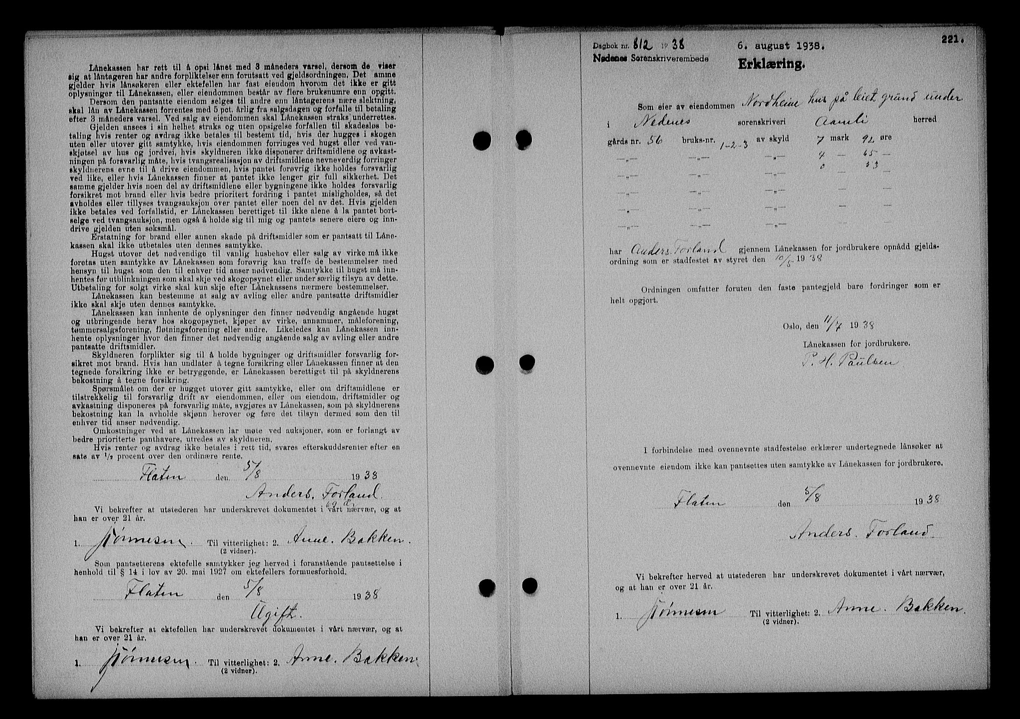 Nedenes sorenskriveri, SAK/1221-0006/G/Gb/Gba/L0045: Pantebok nr. 41, 1938-1938, Dagboknr: 812/1938