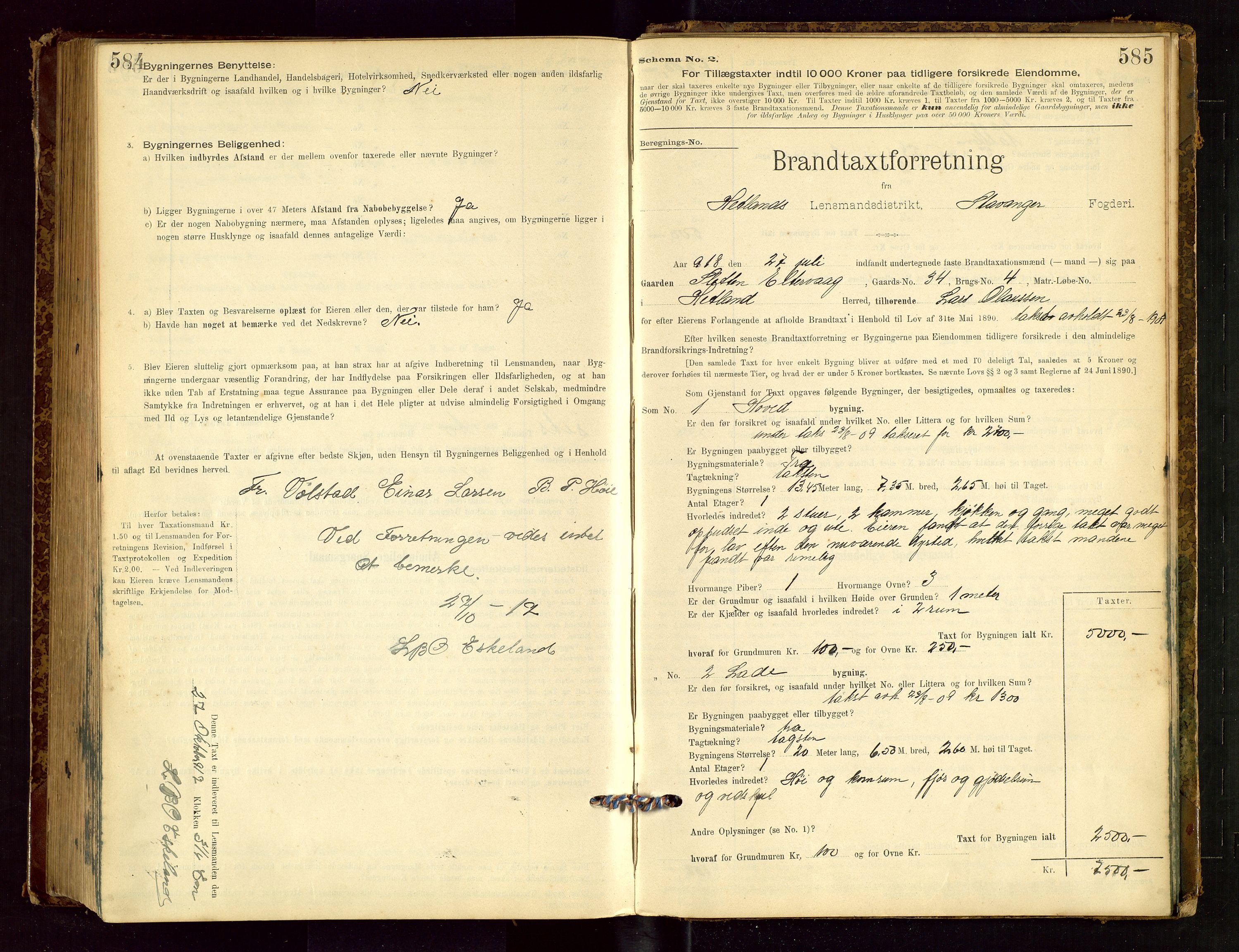 Hetland lensmannskontor, SAST/A-100101/Gob/L0001: "Brandtaxationsprotokol", 1895-1918, s. 584-585