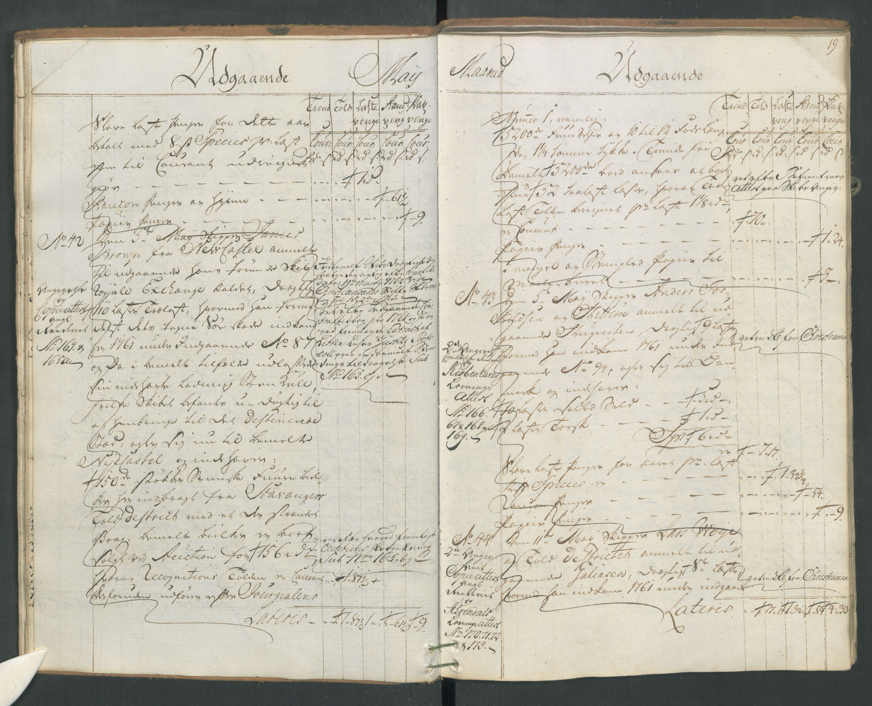 Generaltollkammeret, tollregnskaper, AV/RA-EA-5490/R19/L0021b/0001: Tollregnskaper Flekkefjord / Utgående hovedtollbok, 1762, s. 18b-19a