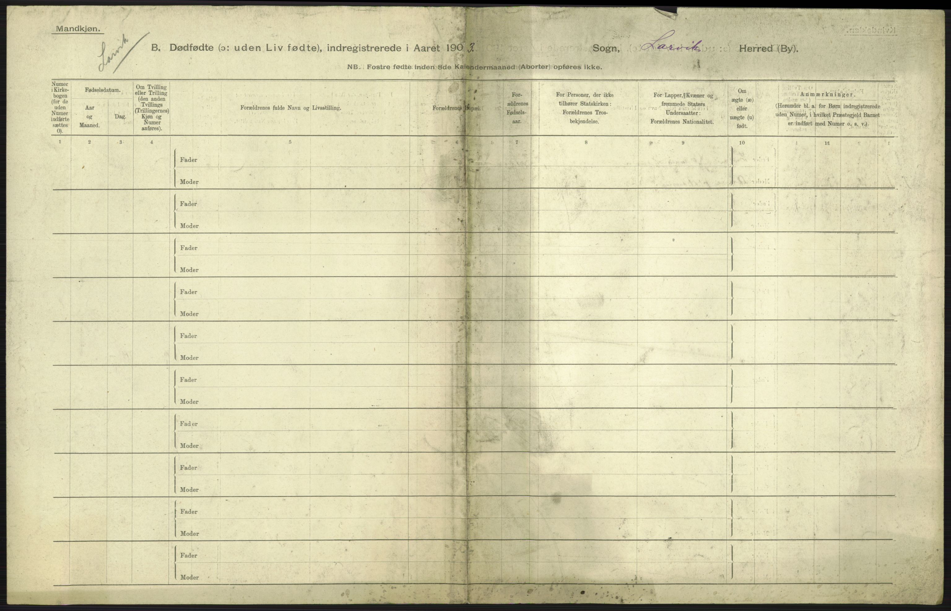 Statistisk sentralbyrå, Sosiodemografiske emner, Befolkning, AV/RA-S-2228/D/Df/Dfa/Dfaa/L0026: Smålenenes - Finnmarkens amt: Dødfødte. Byer., 1903, s. 139