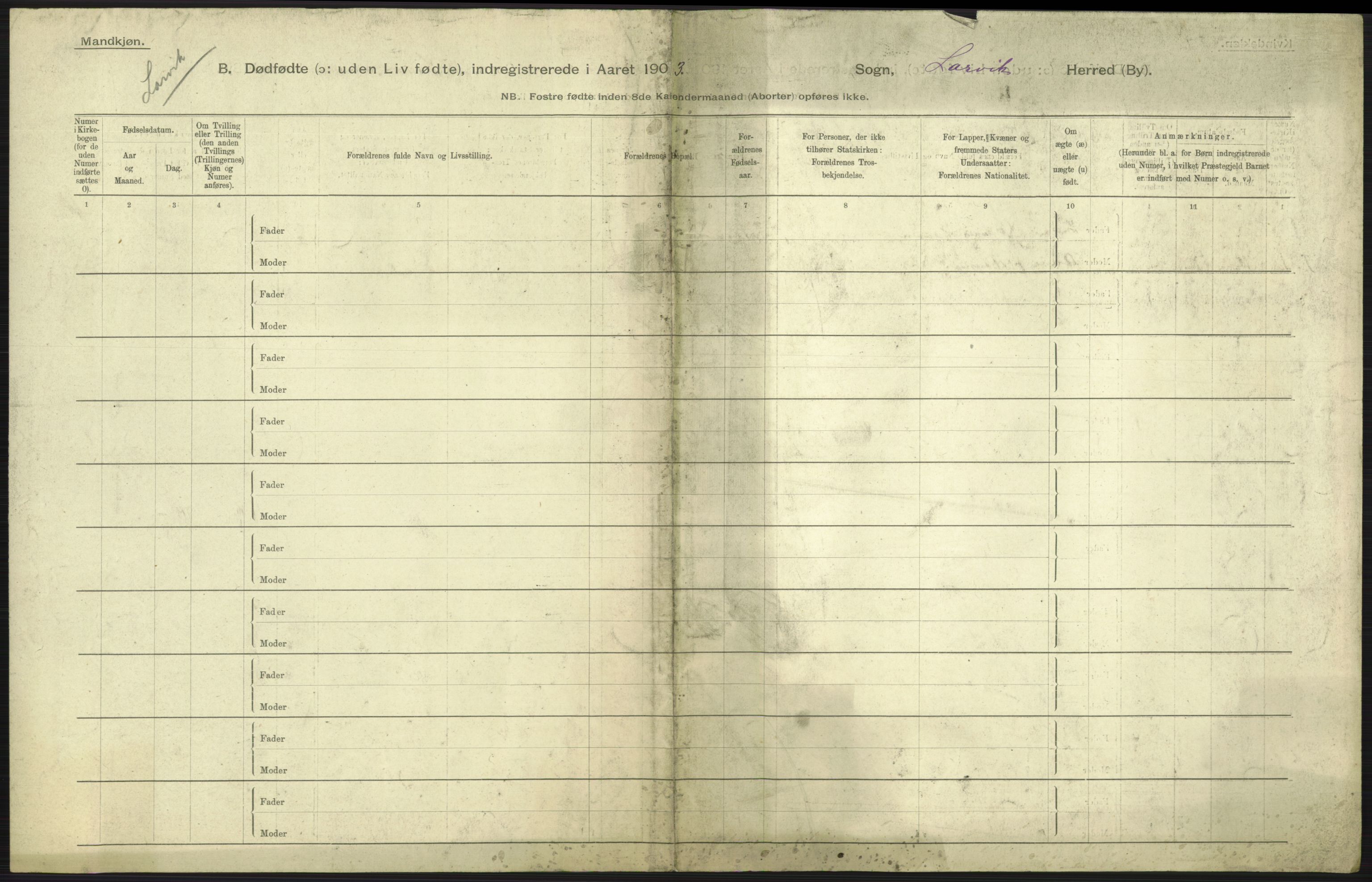 Statistisk sentralbyrå, Sosiodemografiske emner, Befolkning, RA/S-2228/D/Df/Dfa/Dfaa/L0026: Smålenenes - Finnmarkens amt: Dødfødte. Byer., 1903, s. 139