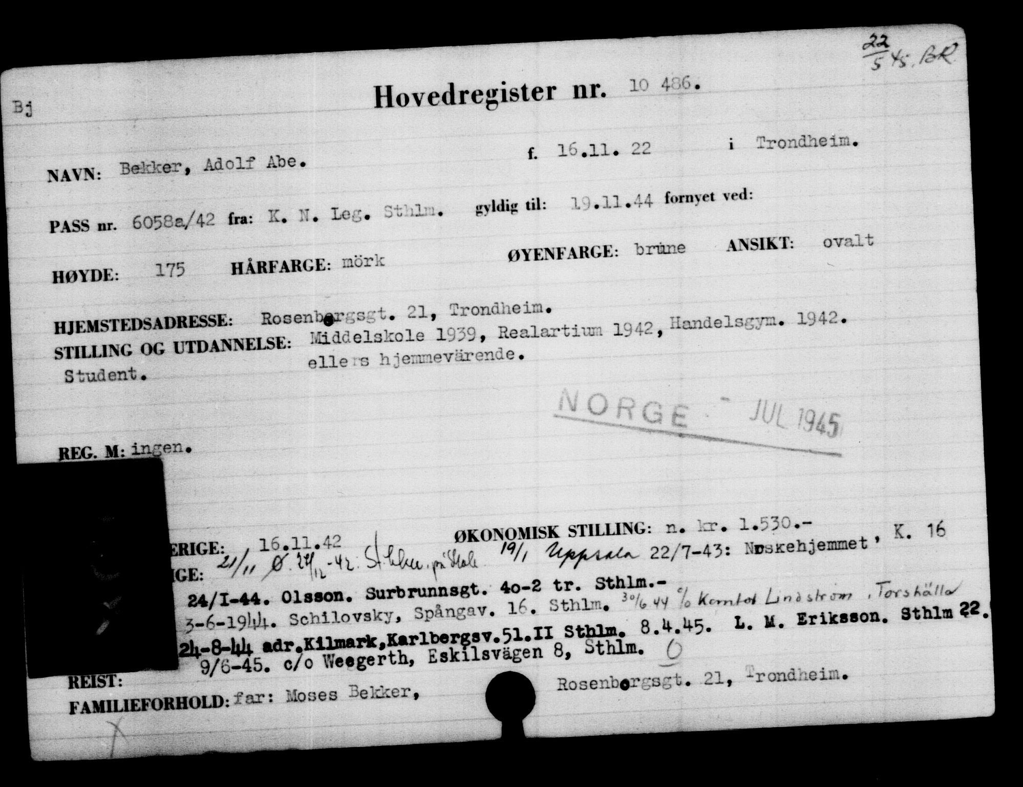 Utenriksstasjonene, Legasjonen i Stockholm, Flyktningkontoret, AV/RA-S-6753/V/Va/L0006: Kjesäterkartoteket, flyktninger med registreringsnr. 9400-12711, 1940-1945, s. 1249
