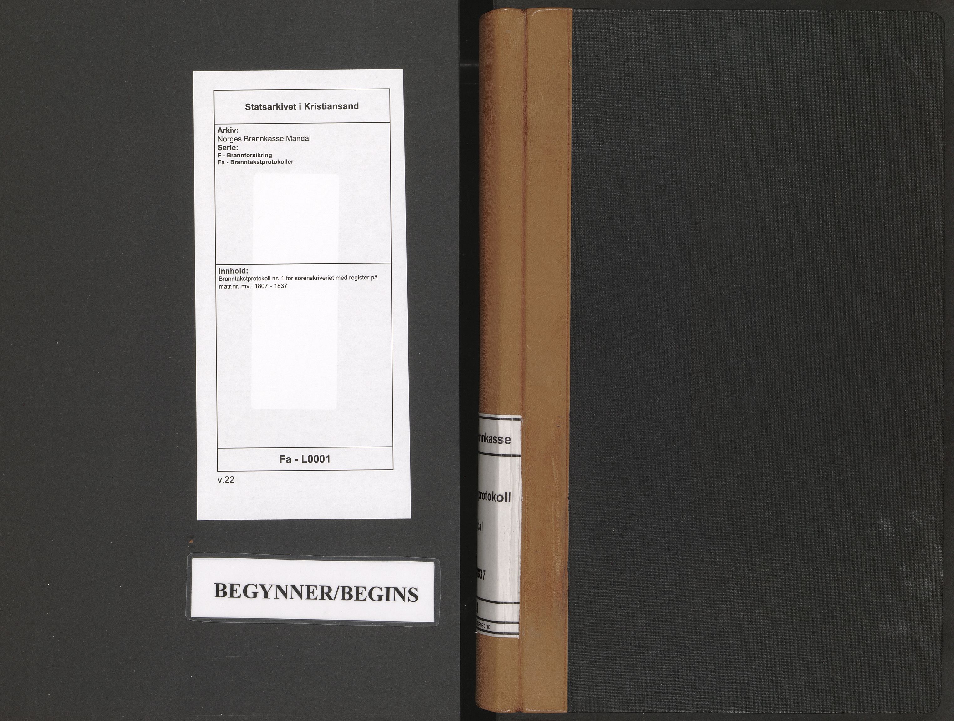 Norges Brannkasse Mandal, SAK/2241-0037/F/Fa/L0001: Branntakstprotokoll nr. 1 for sorenskriveriet med register på matr.nr. mv., 1807-1837
