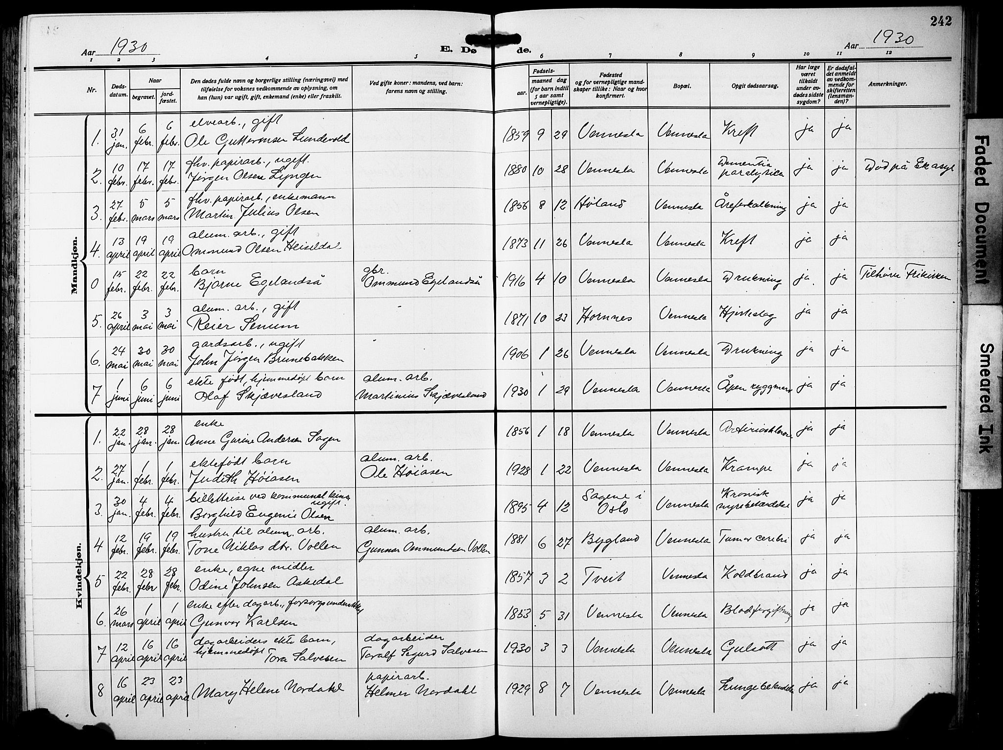 Vennesla sokneprestkontor, SAK/1111-0045/Fb/Fbb/L0007: Klokkerbok nr. B 7, 1922-1933, s. 242