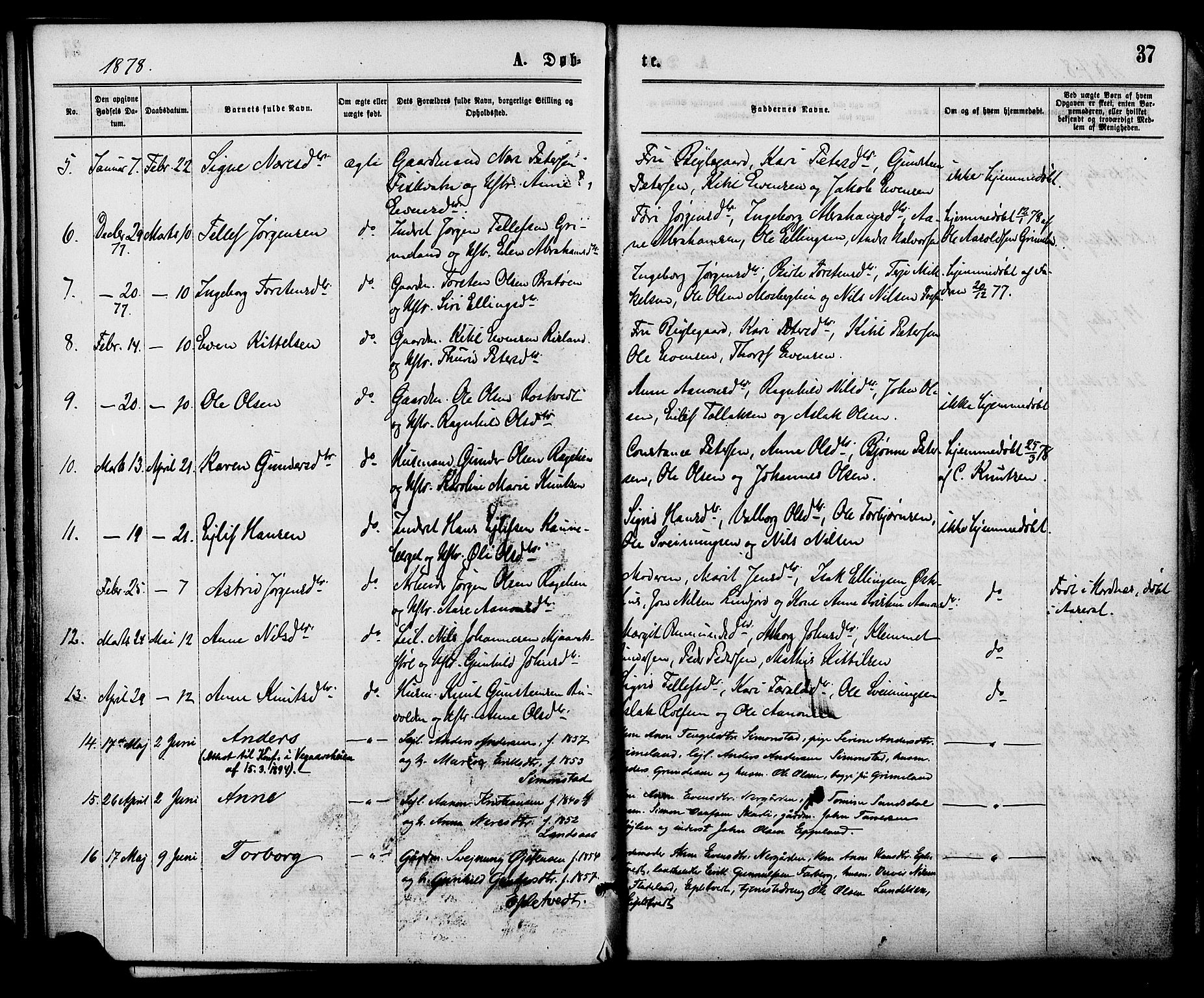 Åmli sokneprestkontor, AV/SAK-1111-0050/F/Fa/Fac/L0009: Ministerialbok nr. A 9 /1, 1869-1884, s. 37