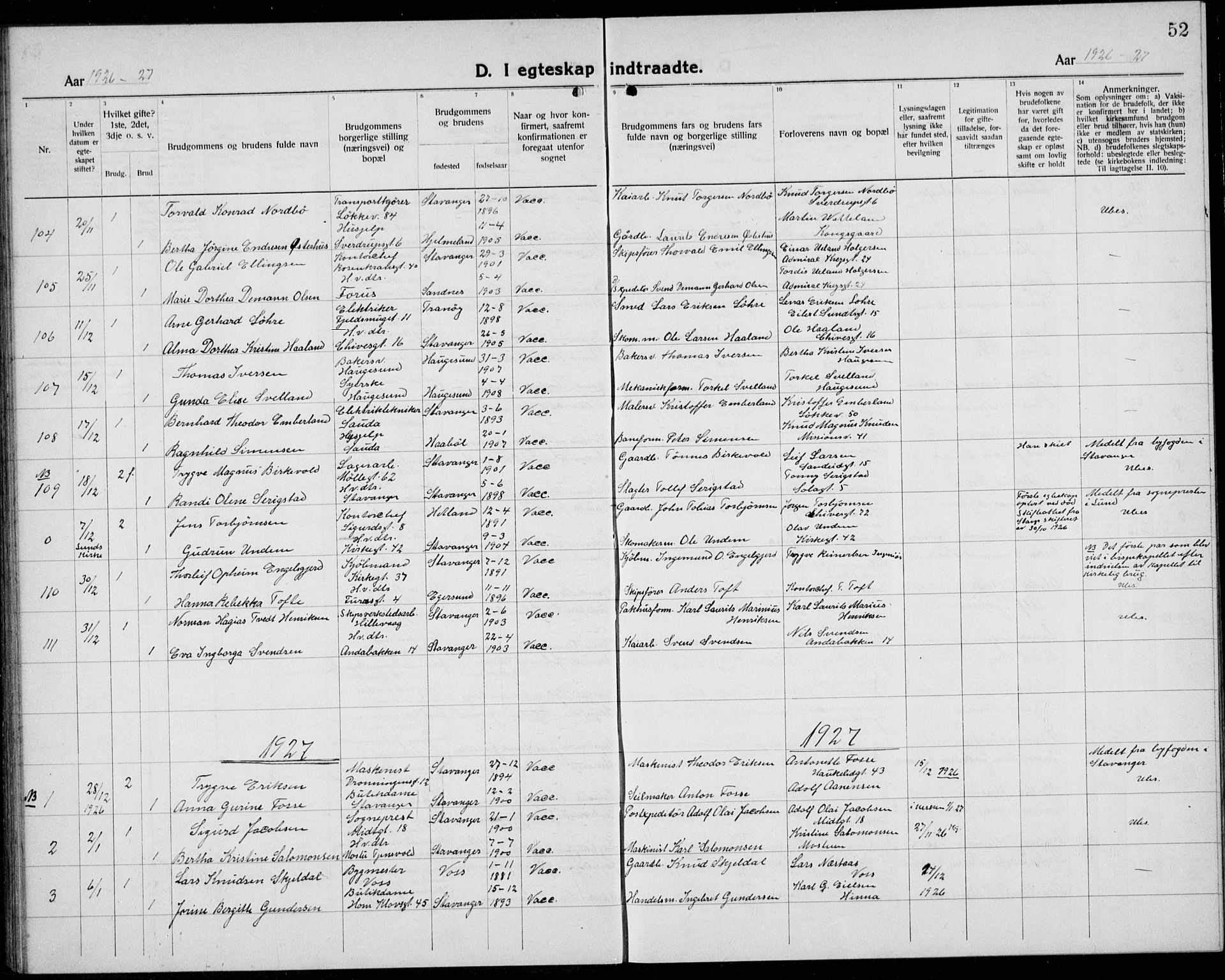 Domkirken sokneprestkontor, SAST/A-101812/001/30/30BB/L0020: Klokkerbok nr. B 20, 1921-1937, s. 52