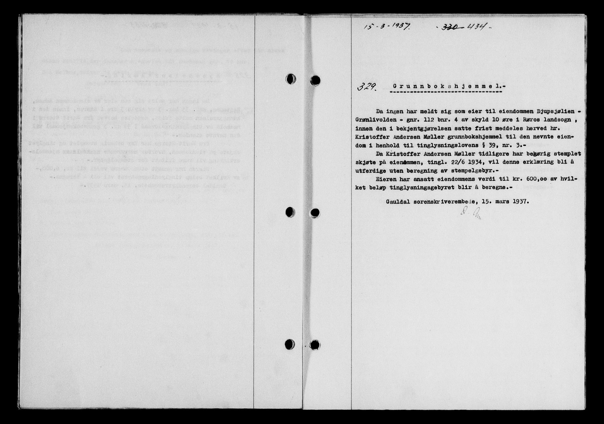Gauldal sorenskriveri, SAT/A-0014/1/2/2C/L0047: Pantebok nr. 50-51, 1937-1937, Dagboknr: 329/1937