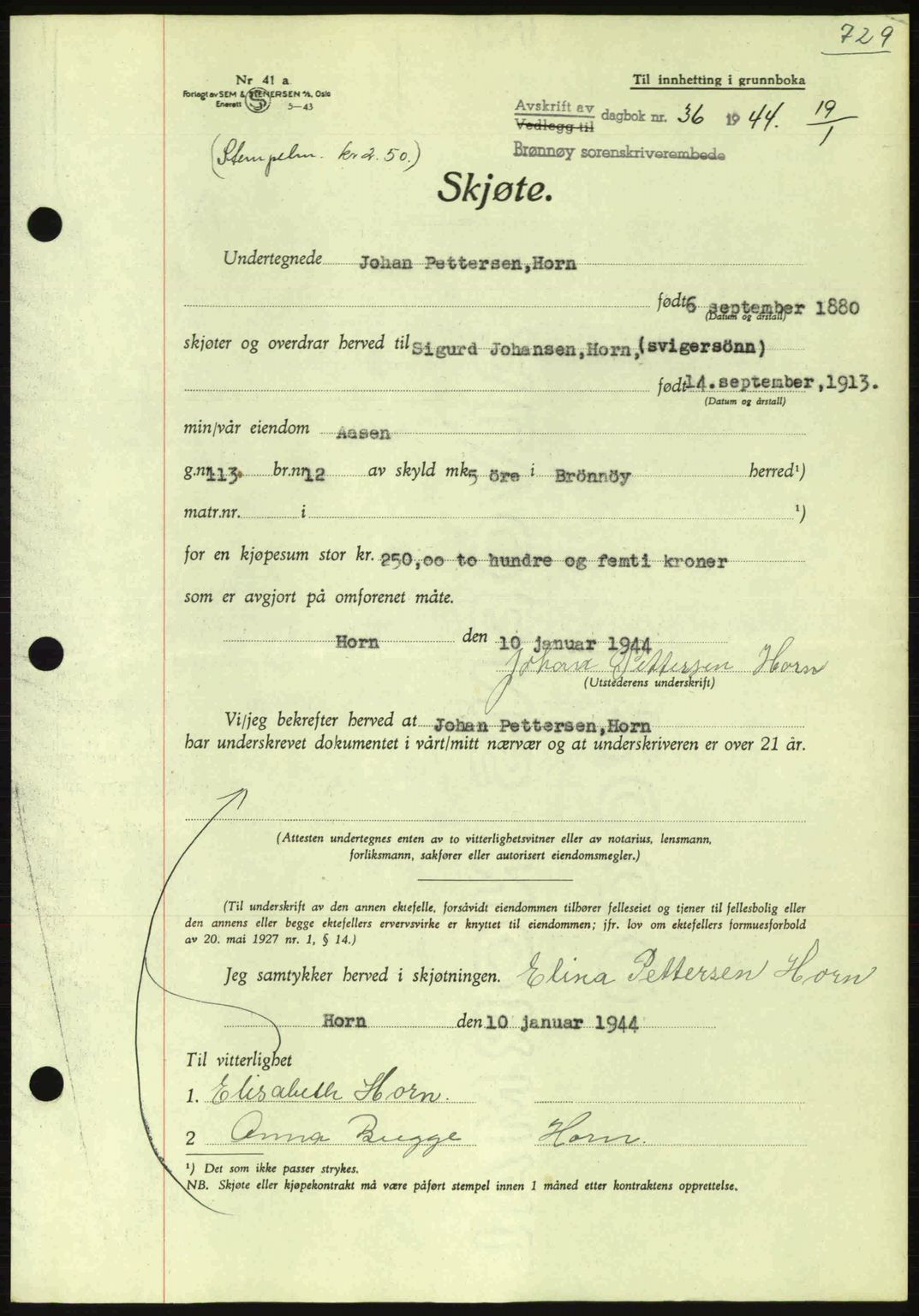 Brønnøy sorenskriveri, SAT/A-4170/1/2/2C: Pantebok nr. 23, 1943-1944, Dagboknr: 36/1944