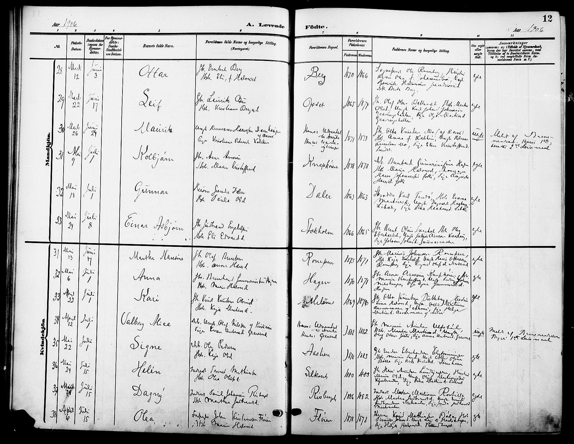 Våler prestekontor, Hedmark, AV/SAH-PREST-040/H/Ha/Hab/L0002: Klokkerbok nr. 2, 1905-1915, s. 12