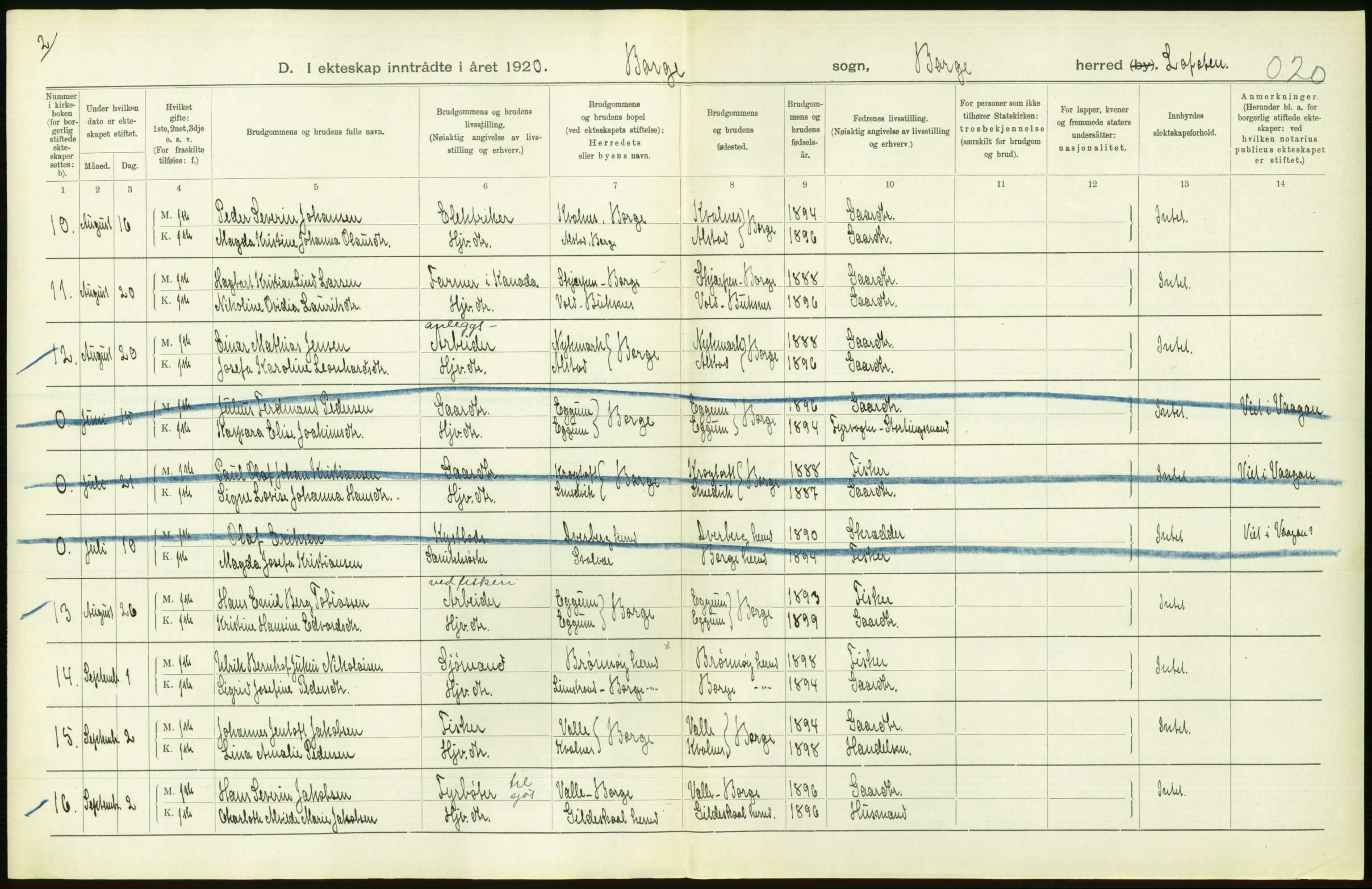 Statistisk sentralbyrå, Sosiodemografiske emner, Befolkning, AV/RA-S-2228/D/Df/Dfb/Dfbj/L0057: Nordland fylke: Gifte, dødfødte. Bygder og byer., 1920, s. 240